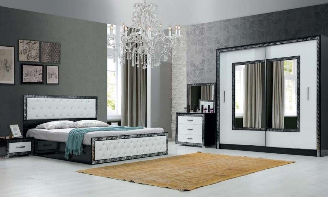 JVmoebel Schlafzimmer-Set Schwarz-Weißes Schlafzimmer Set Doppelbett Nachttische Kommode Schrank, Made In Europe