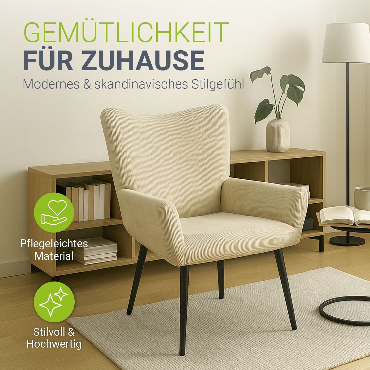 Juskys Ohrensessel Odense, Optionaler Hocker, große Rückenlehne, weicher Stoff, Stahlgestell