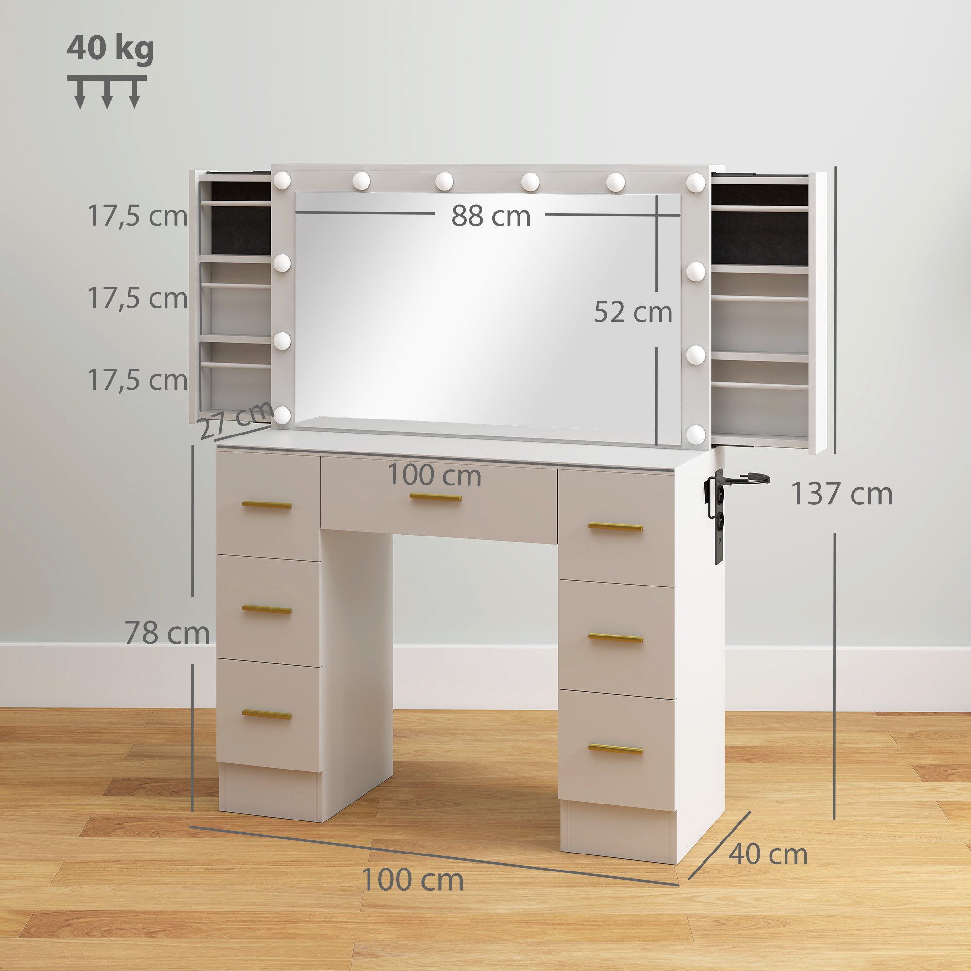 HOMCOM Schminktisch Schminktisch mit 12 LED-Leuchten, Kosmetiktisch mit Spiegel (Frisiertisch, 1-St., Kosmetiktisch), mit 7 Schubladen, 6 versteckten Schiebefächern, für Schlafzimmer, Weiß