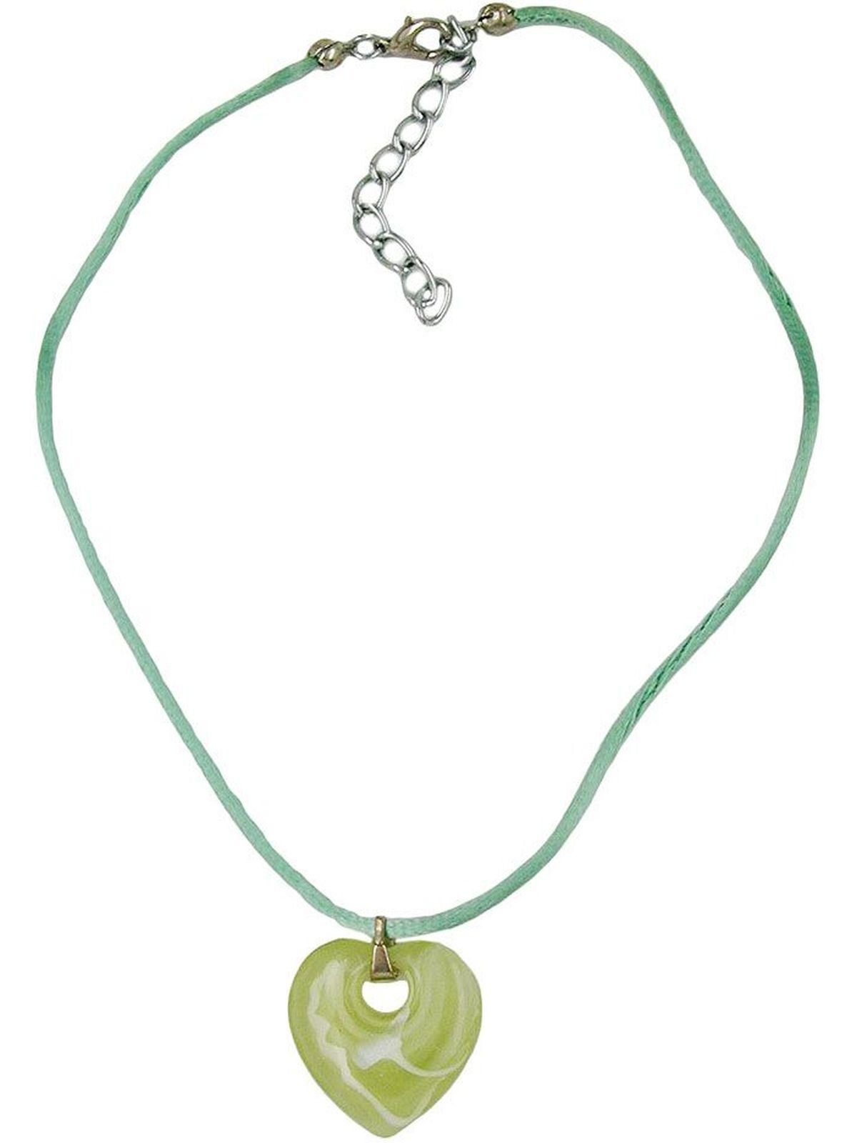Kette mit Anhänger 18x19mm Herz mit Loch grün-weiß Kunststoff Kordel hellgrün 40cm