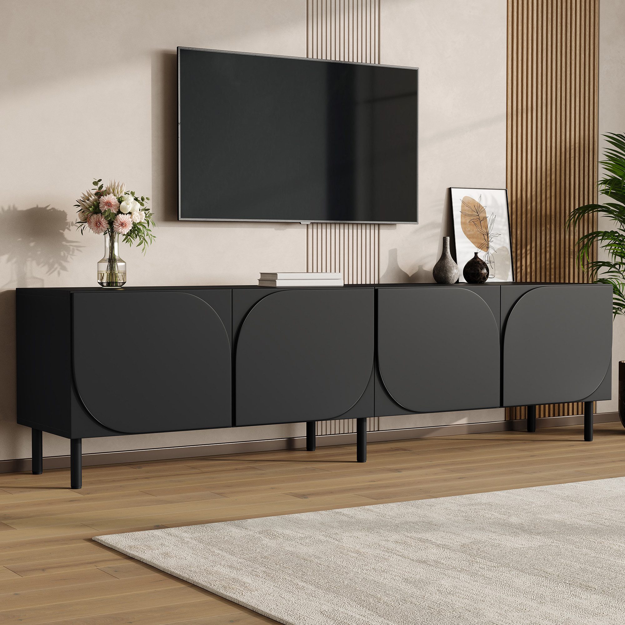 Merax Lowboard mit 2 Türen,2 Schubladen & Massivholzfüße,TV-Schrank griffloses Design (180 x 40 x 47,5 cm, 1 St), Fernsehschrank mit Bogen- und Blattrelief & Kabeldurchlass