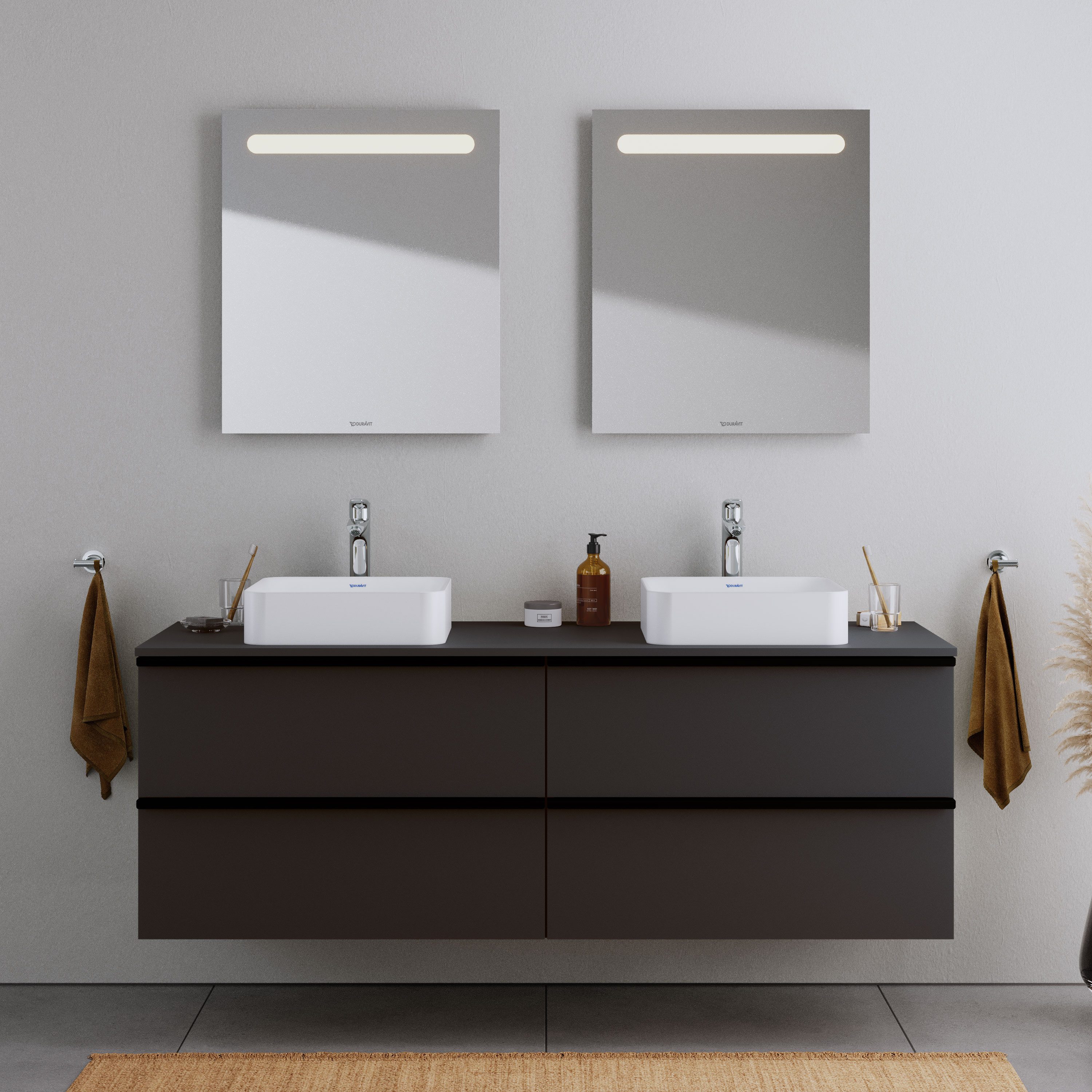 Duravit Waschbeckenunterschrank DuraPoint Graphit matt 160cm Waschtischunterschrank für Aufsatzbecken 4 Auszüge Griffleiste schwarz