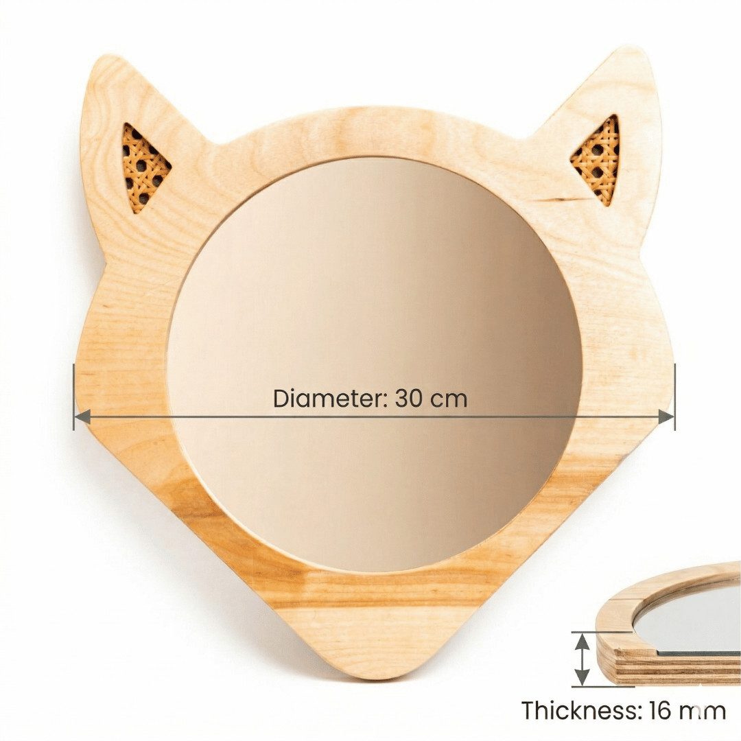 COZYCOLLECTIONS Babyspiegel Fuchs-Spiegel Ø30 cm, Naturholz/Rattan, Montessori-Boho (Wandspiegel / Dekospiegel (1-teilig), 1-St., 1 Spiegel (Fuchsform) inkl. Montageset), Montessori: Spiegel fördert Selbstwahrnehmung & Selbstständigkeit