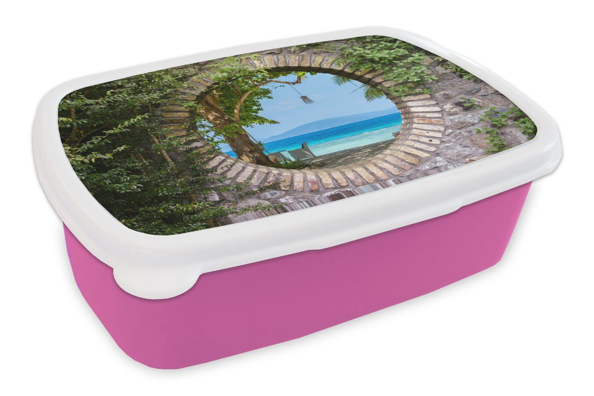 Tropisch Kunststoff, Kunststoff - (2-tlg), Mädchen, Kinder, Durchsichtig Strandkorb, - Strand Lunchbox Brotbox für Erwachsene, Snackbox, - rosa MuchoWow Brotdose