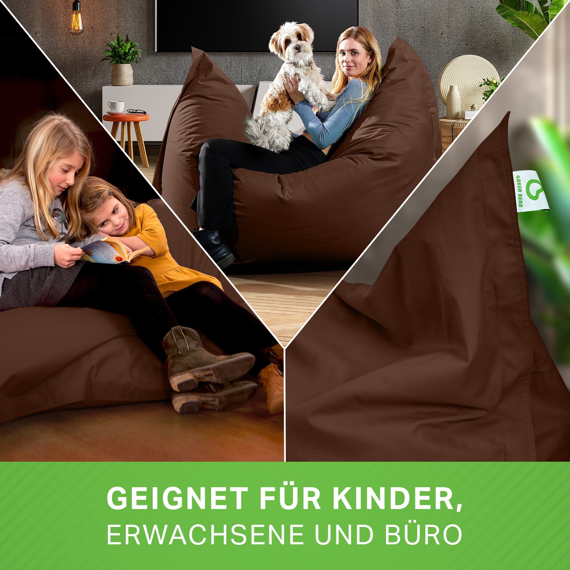 Green Bean (Indoor Sitzkissen Bean 140x180cm Braun & EPS Liegekissen Bean Bag 380 Bag), Groß Füllung XXL Perlen Kinder Sitzsack Square Riesensitzsack Liter, Erwachsene