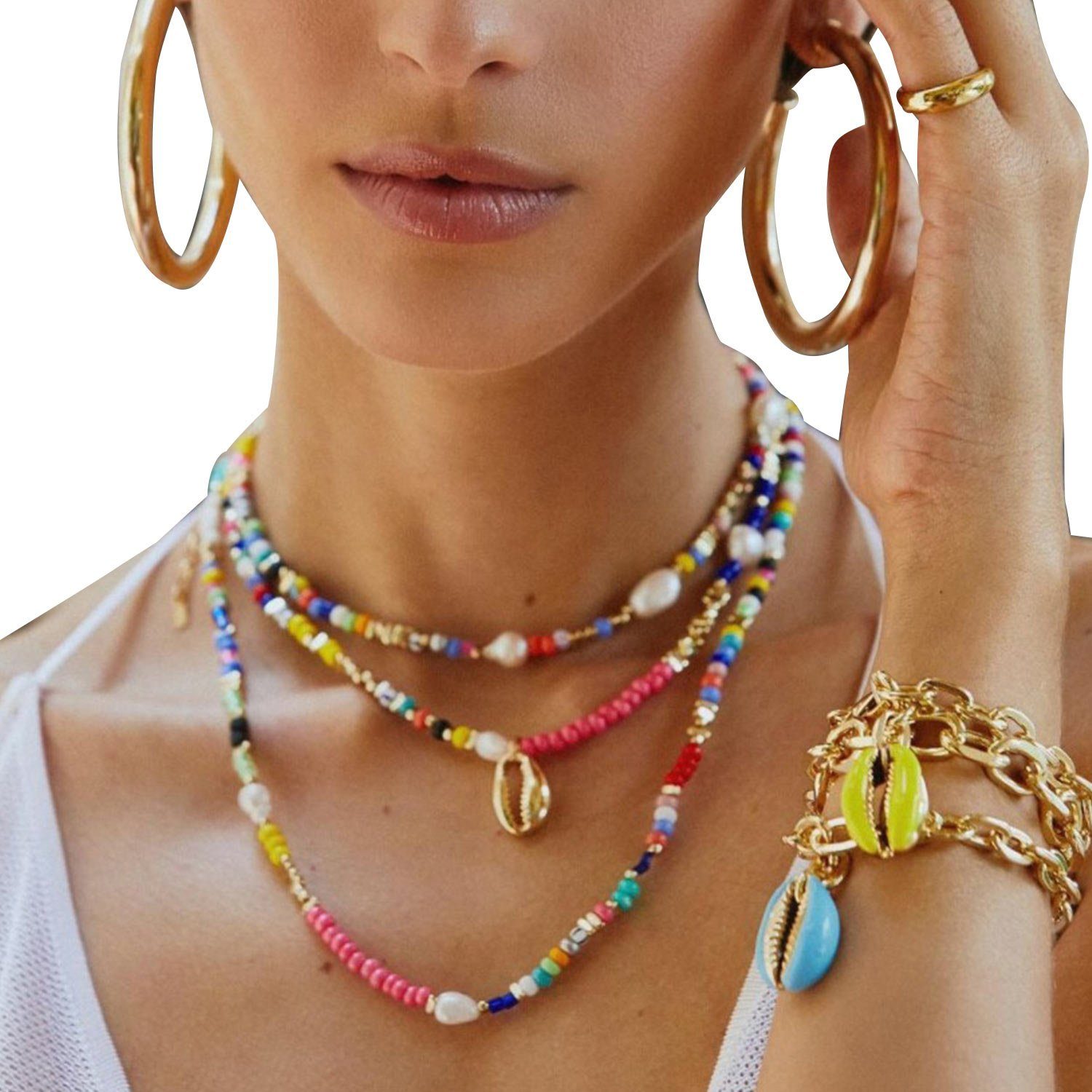 vergoldet Süßwasserperlen Layered für aus bunte 18K 3 Halsketten Edelstahl Halskette Frauen, Perlenkette Halskette MAGICSHE