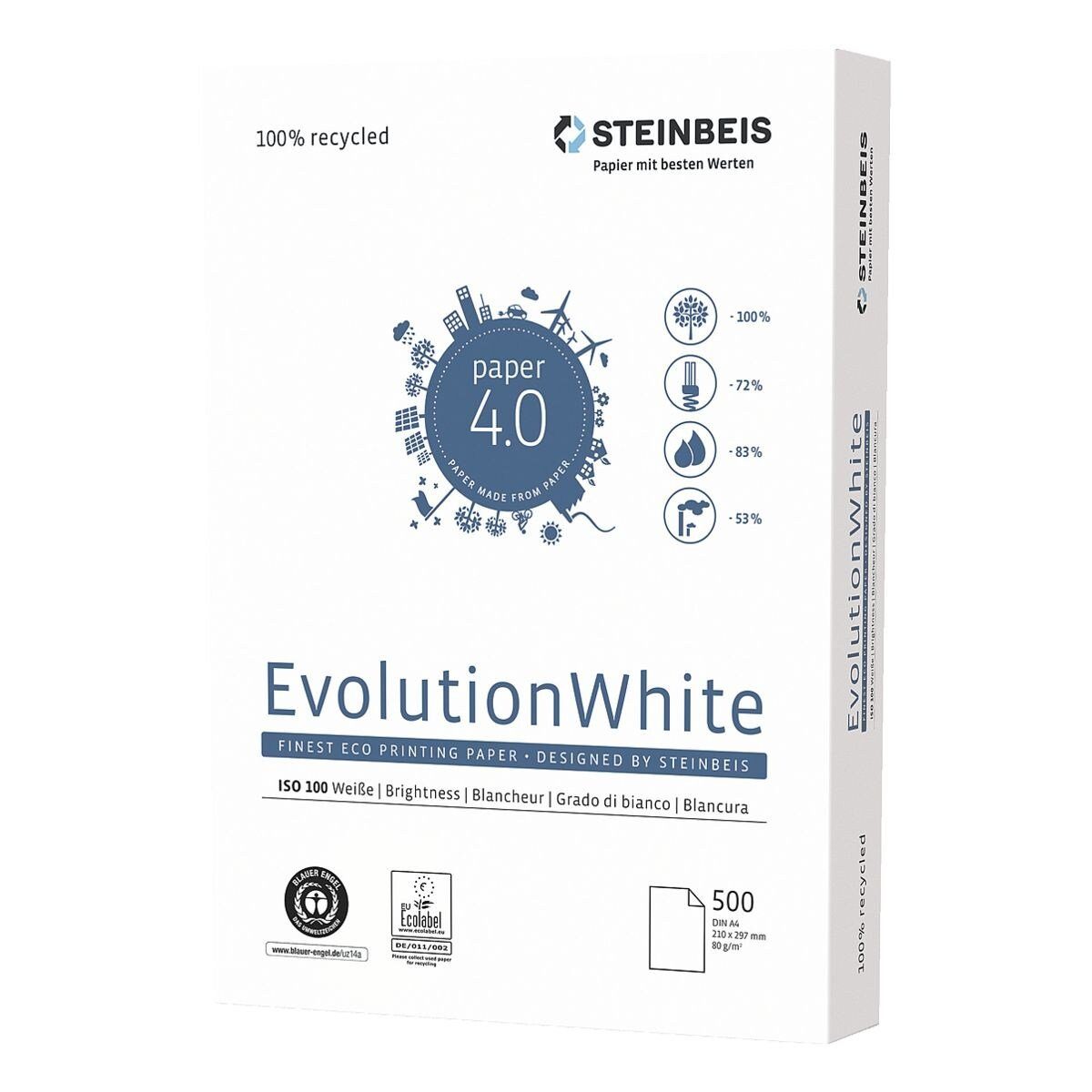 Recyclingpapier CIE, g/m², Format 500 A4, White, Blatt STEINBEIS 135 80 DIN Evolution