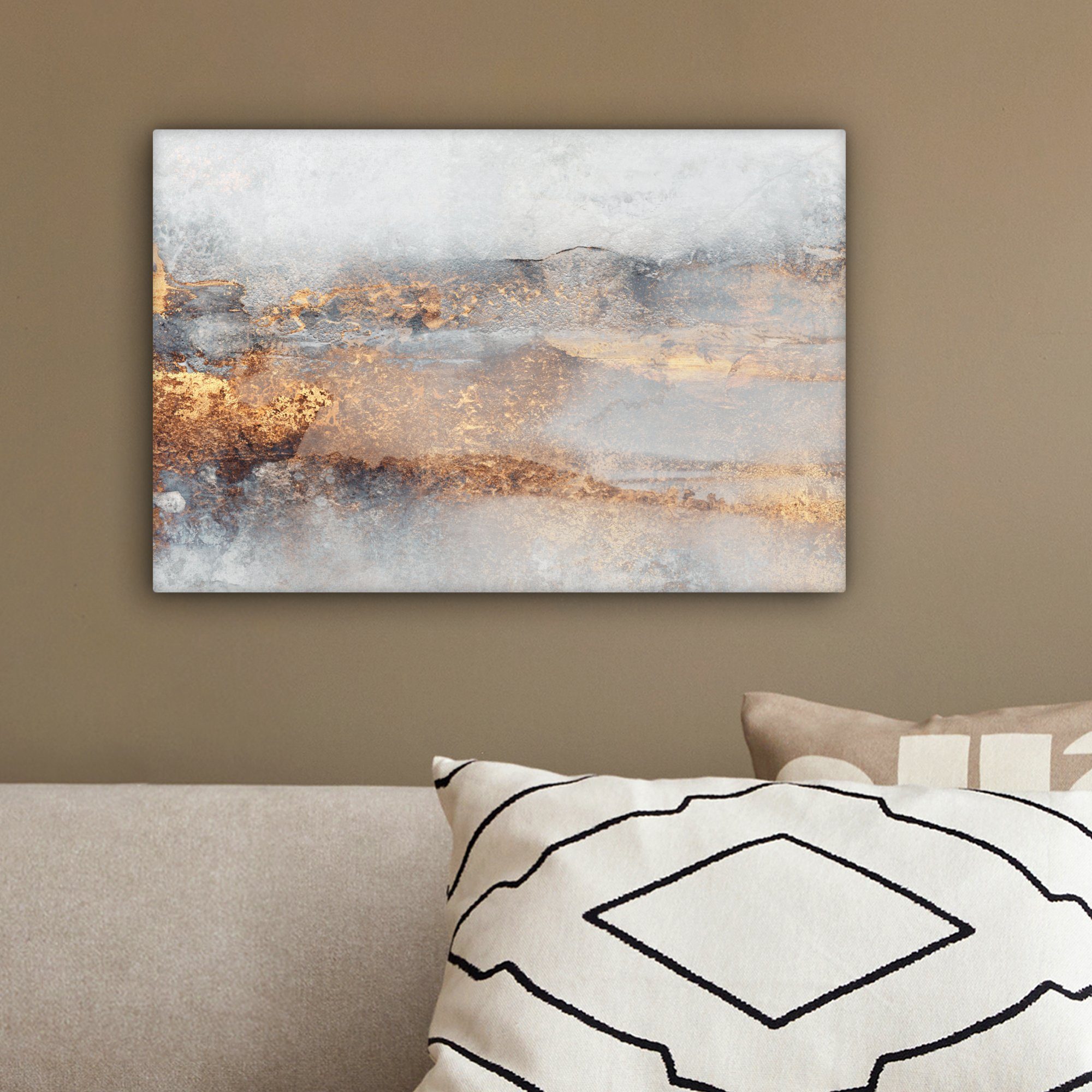 OneMillionCanvasses® Leinwandbild Nebel - Gold - Abstrakt, Fotodruck (1 St), Leinwand Bilder Klein, Wand Dekoration Aesthetic 30x20 cm – Bild 4 von 5