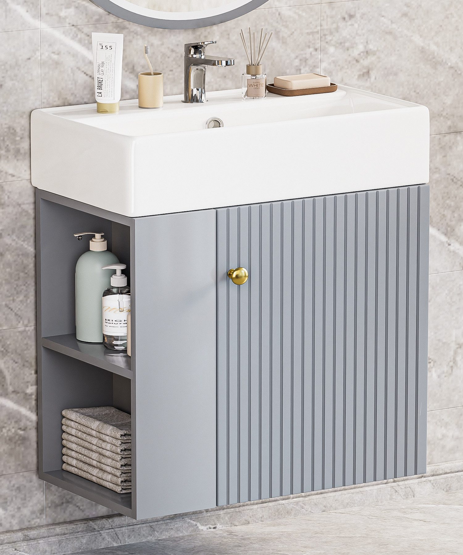 Yorbay Waschtisch Badmöbel Waschtischunterschrank (Breite 55 cm, Badschrank mit Waschbecken), Waschbecken mit Waschtisch für kleine Badezimmer