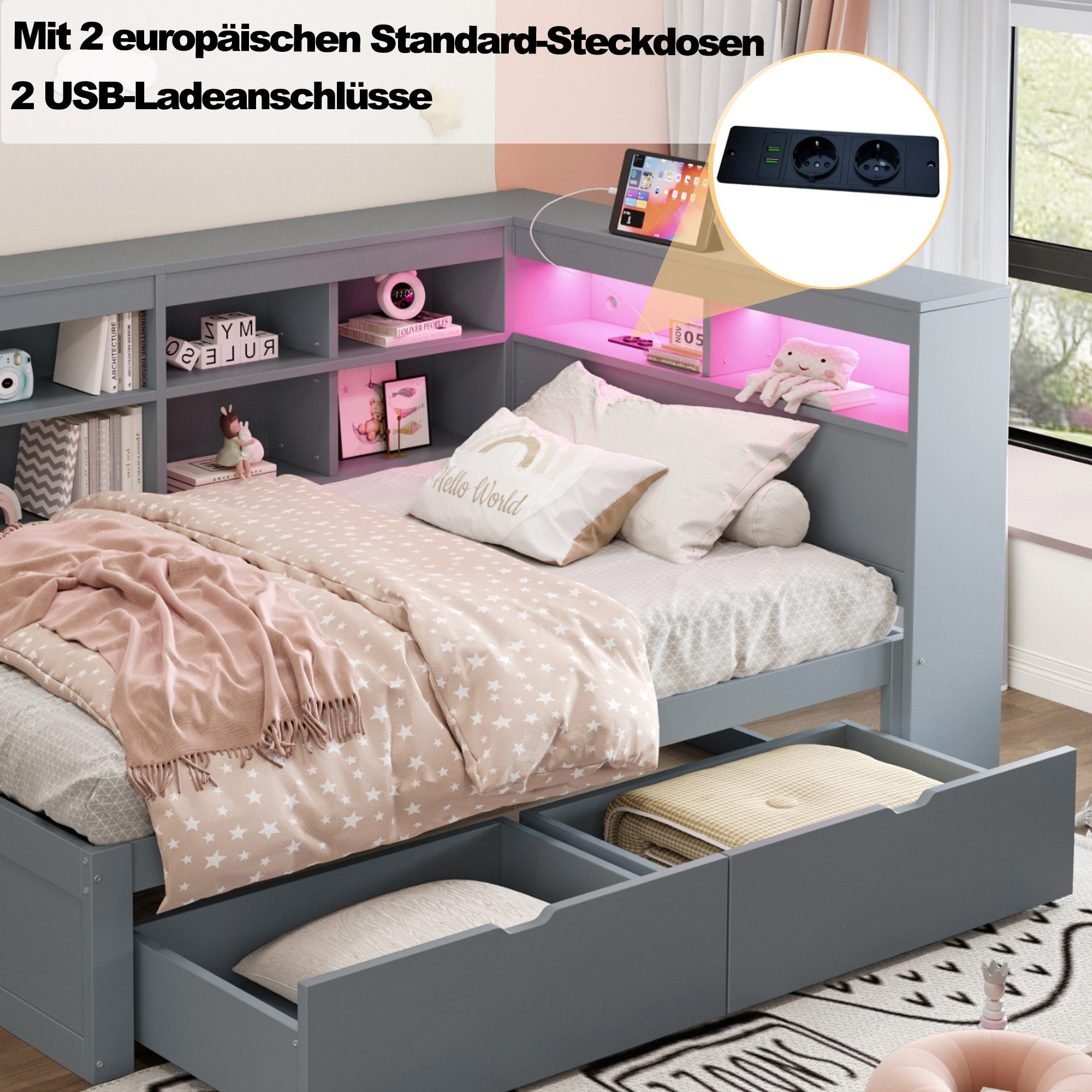 Celya Holzbett Massivholzsofa Einzelholzbett 90×200 cm Mit LED-Leiste (ohne Matratze, Bett mit USB- und Steckdose), Mit Regalen und Ablagefächern, Viel Stauraum