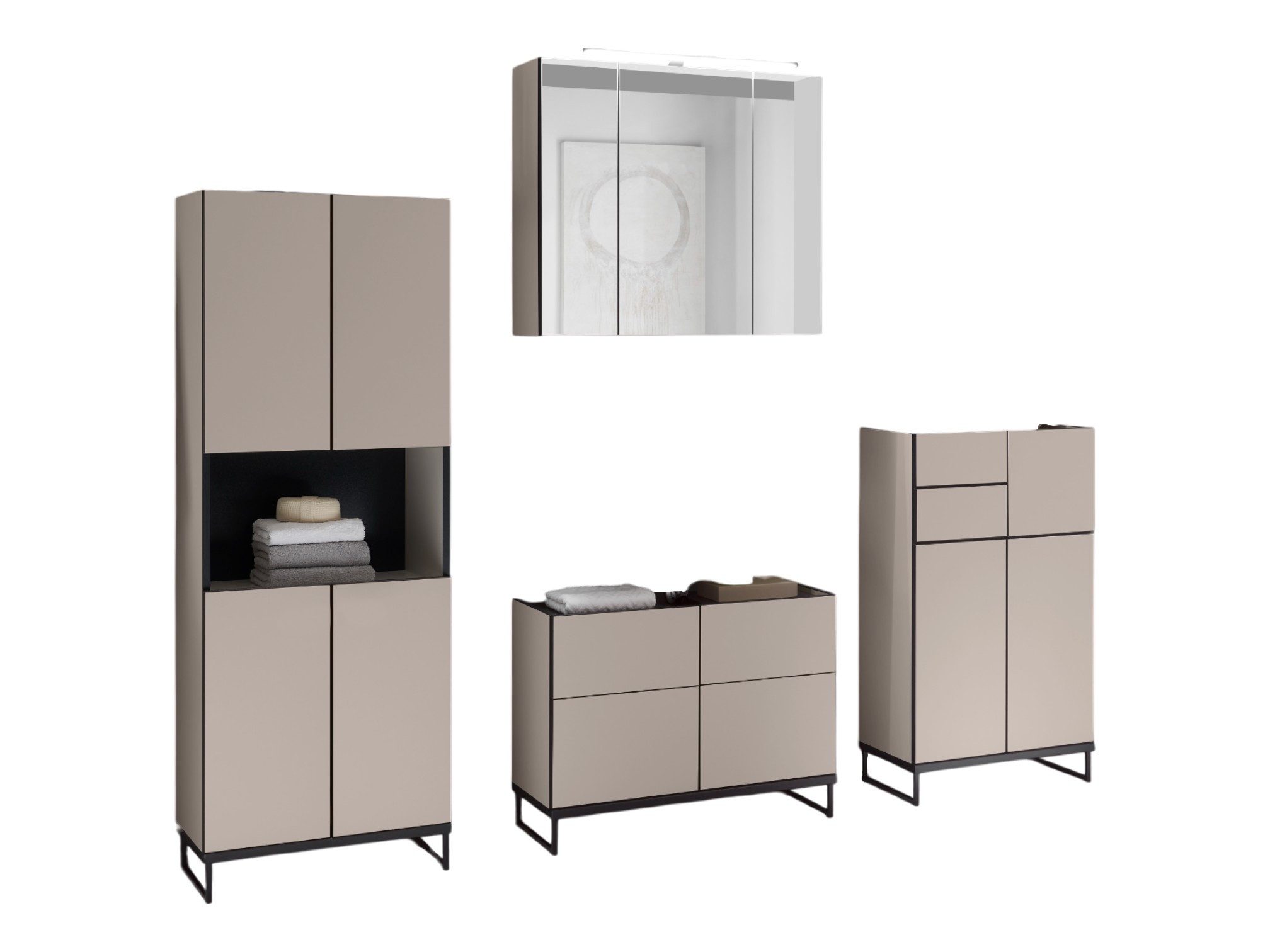 moebel-dich-auf Badmöbel-Set VENEZIA, (inklusive LED-Beleuchtung, kaschmir Spiegelschrank WBU optional mit Hoch-/Highboard), Metall Füße