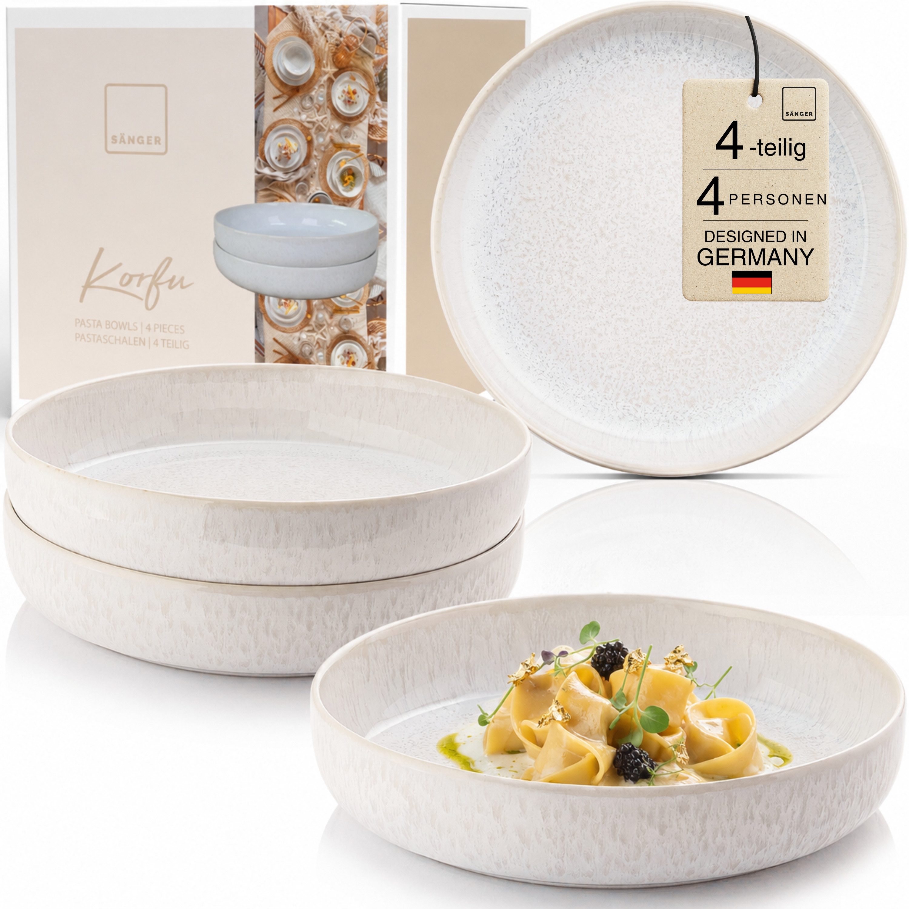 SÄNGER Geschirr-Set Korfu Geschirrset (12, 16, 24, 36 Teile) (4-tlg), 4 Personen, Steingut, Pastaschalen, Creme Beige, Handmade, Premium Collection