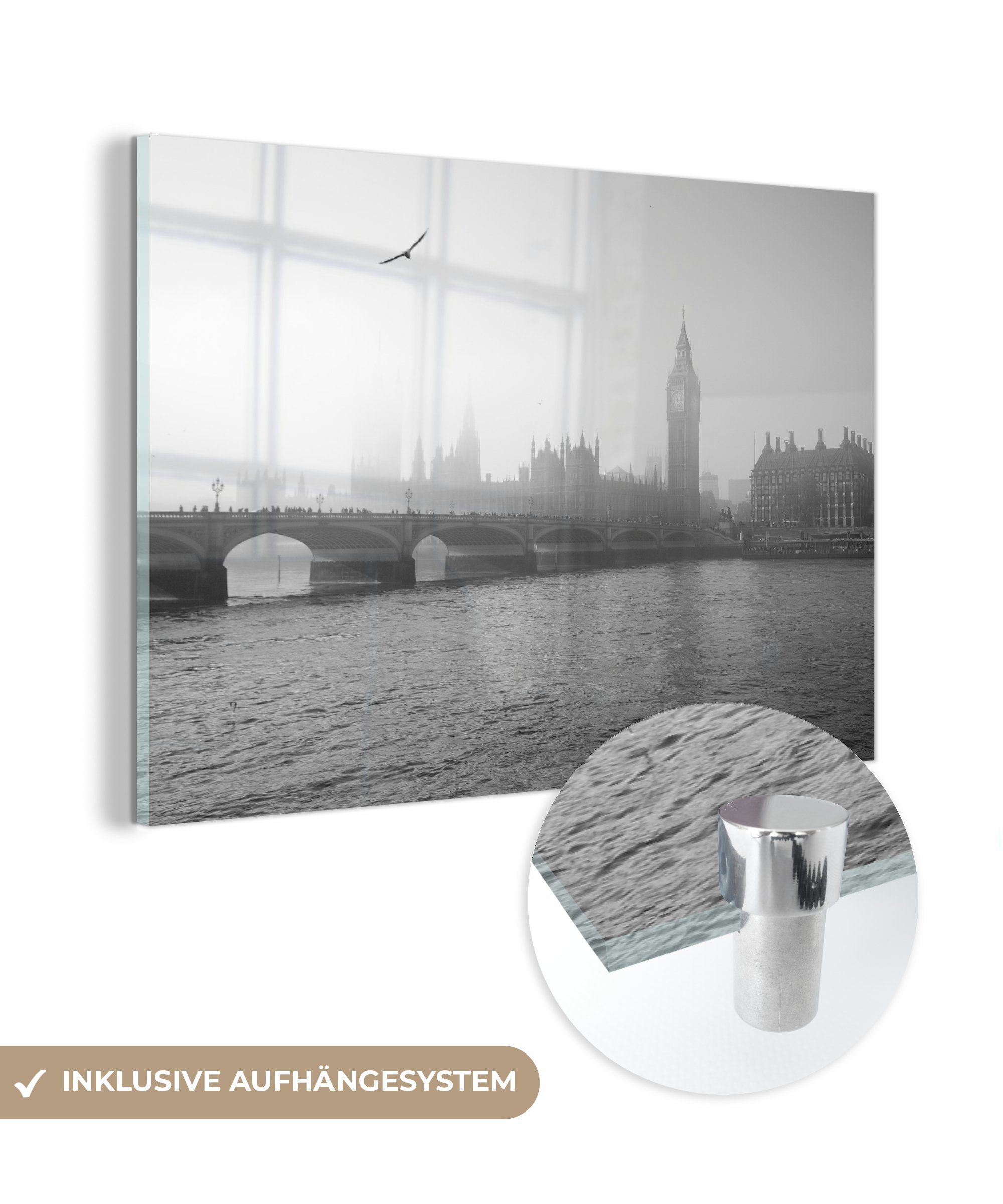 MuchoWow Acrylglasbild Schwarz-Weiß-Bild des Big Ben in London, (1 St), Acrylglasbilder Wohnzimmer & Schlafzimmer | Bilder