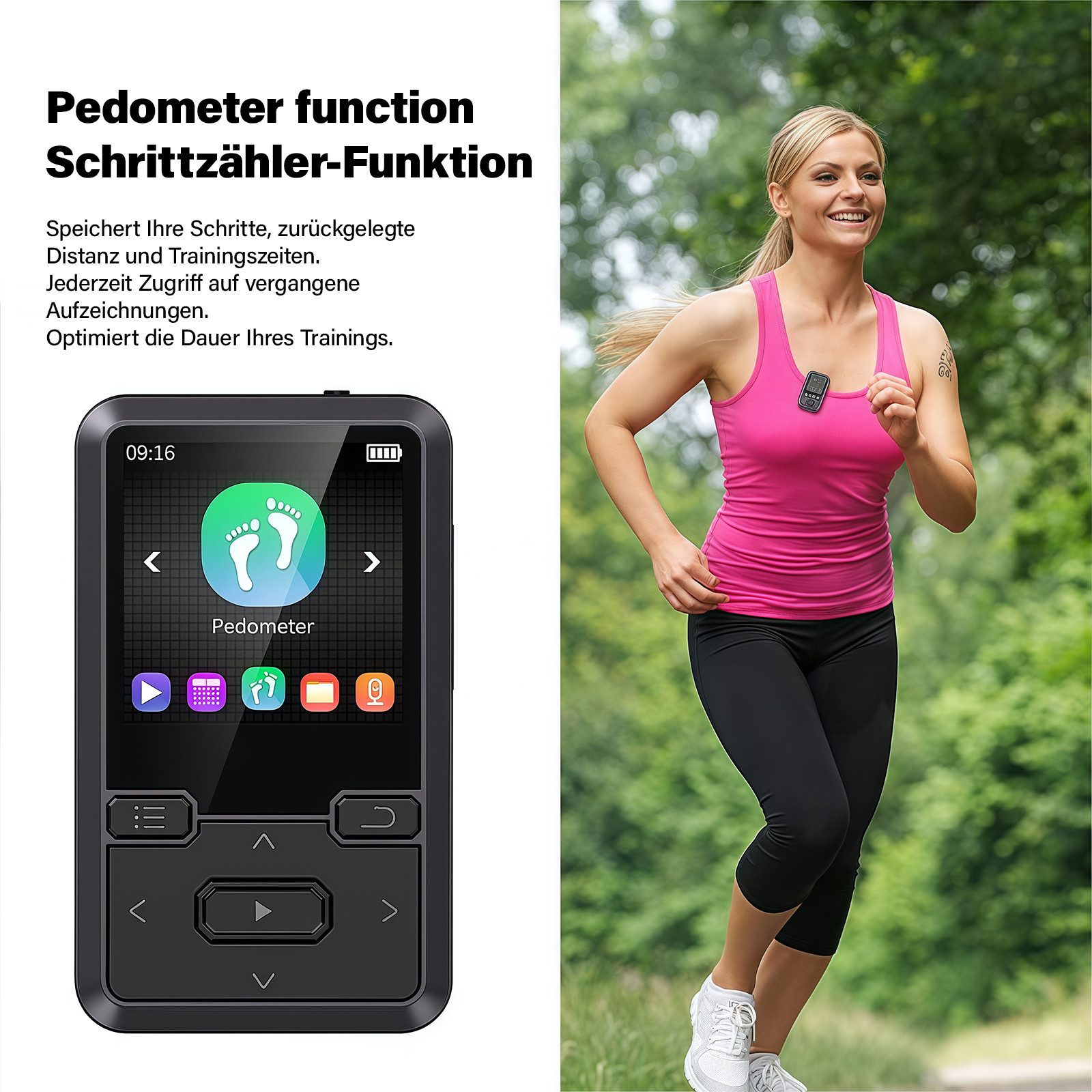 MOPUEA 64GB Clip-MP3-Player Multifunktional mit Bluetooth 5.0,Schrittzähler MP3-Player (64 GB Speicher, Bluetooth 5.0, Clip, HiFi, FM, 21 Std. Laufzeit)