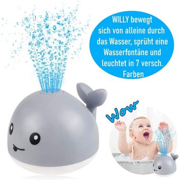MAVURA Badespielzeug WILLY Der Wal - Wasserspielzeug Badewannenspielzeug mit Fontäne & LED, Baby Kinder Wassersprinkler Spielzeug Farbwechsel Sprinkler