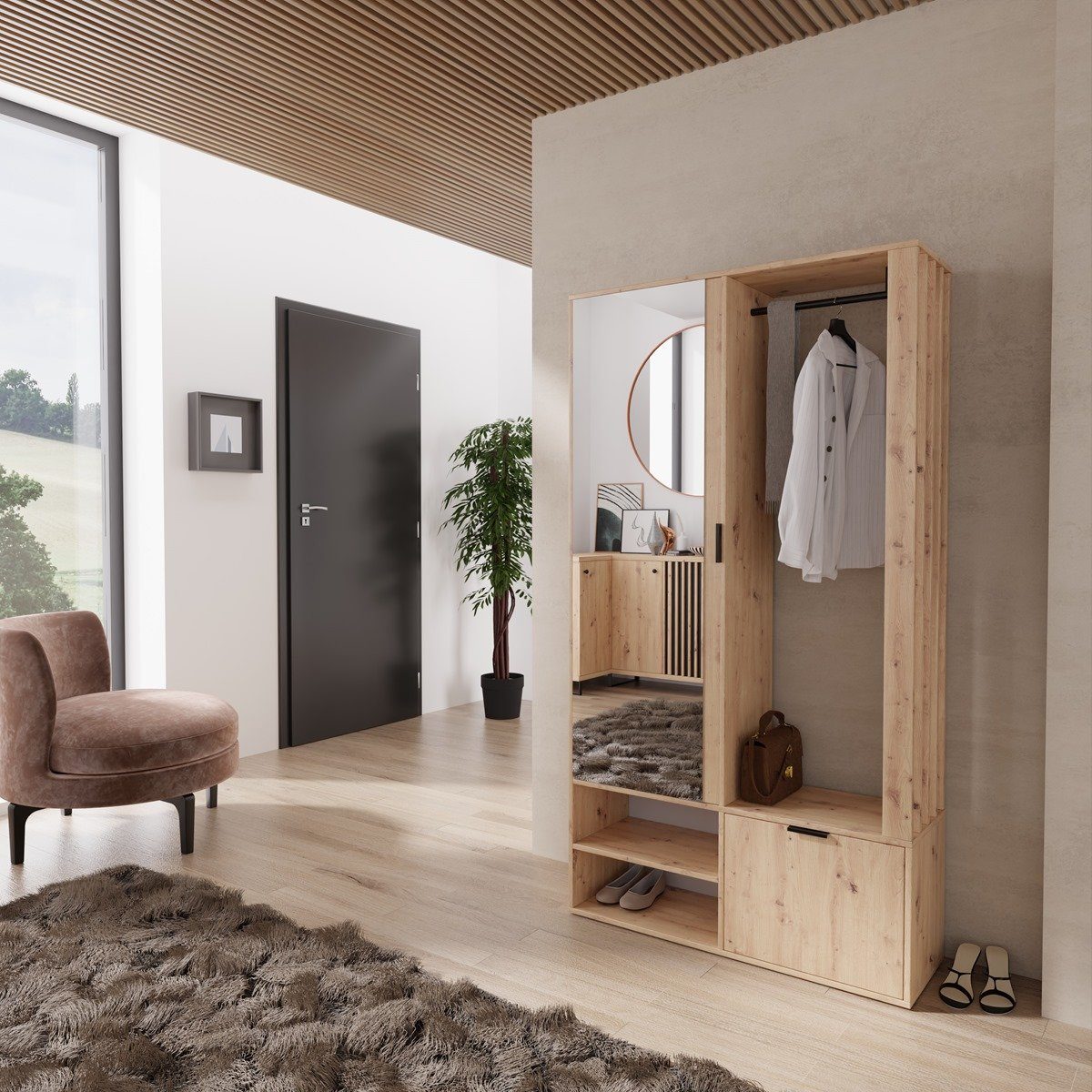 Compleo Garderoben-Set DECO, mit Kleiderstange große eiche Spiegel, Loft Speicherkapazität, Lamellen, und stil Artisan