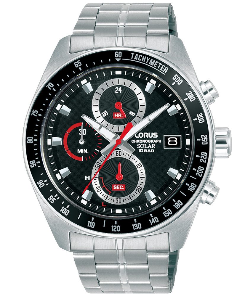 LORUS Chronograph Sports Solar Chronograph RZ615AX9, Armbanduhr, Solar, Herrenuhr, Edelstahlarmband, analog, Tag