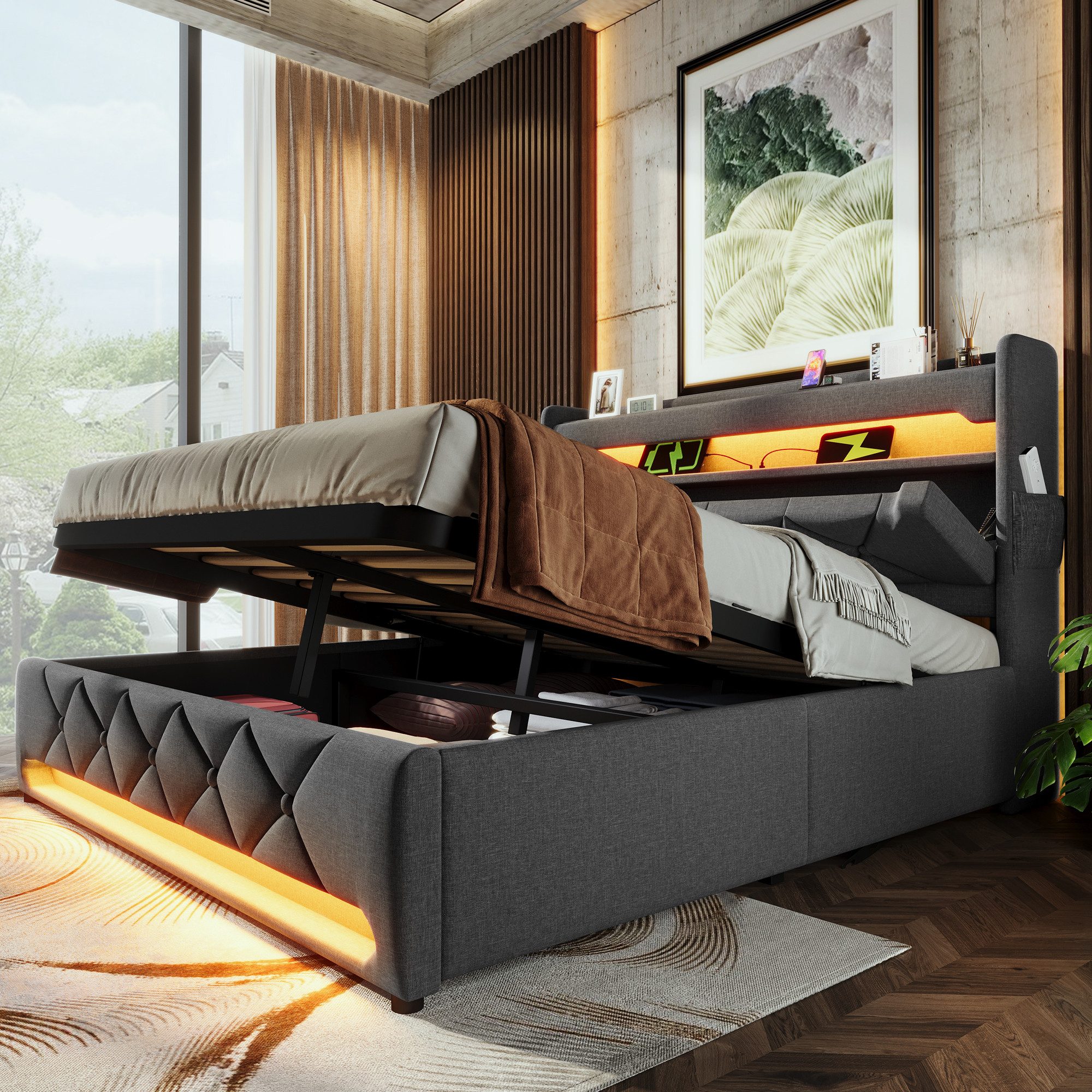 Flieks Polsterbett, Hydraulisches Stauraumbett Doppelbett 140x200cm mit LED günstig online kaufen