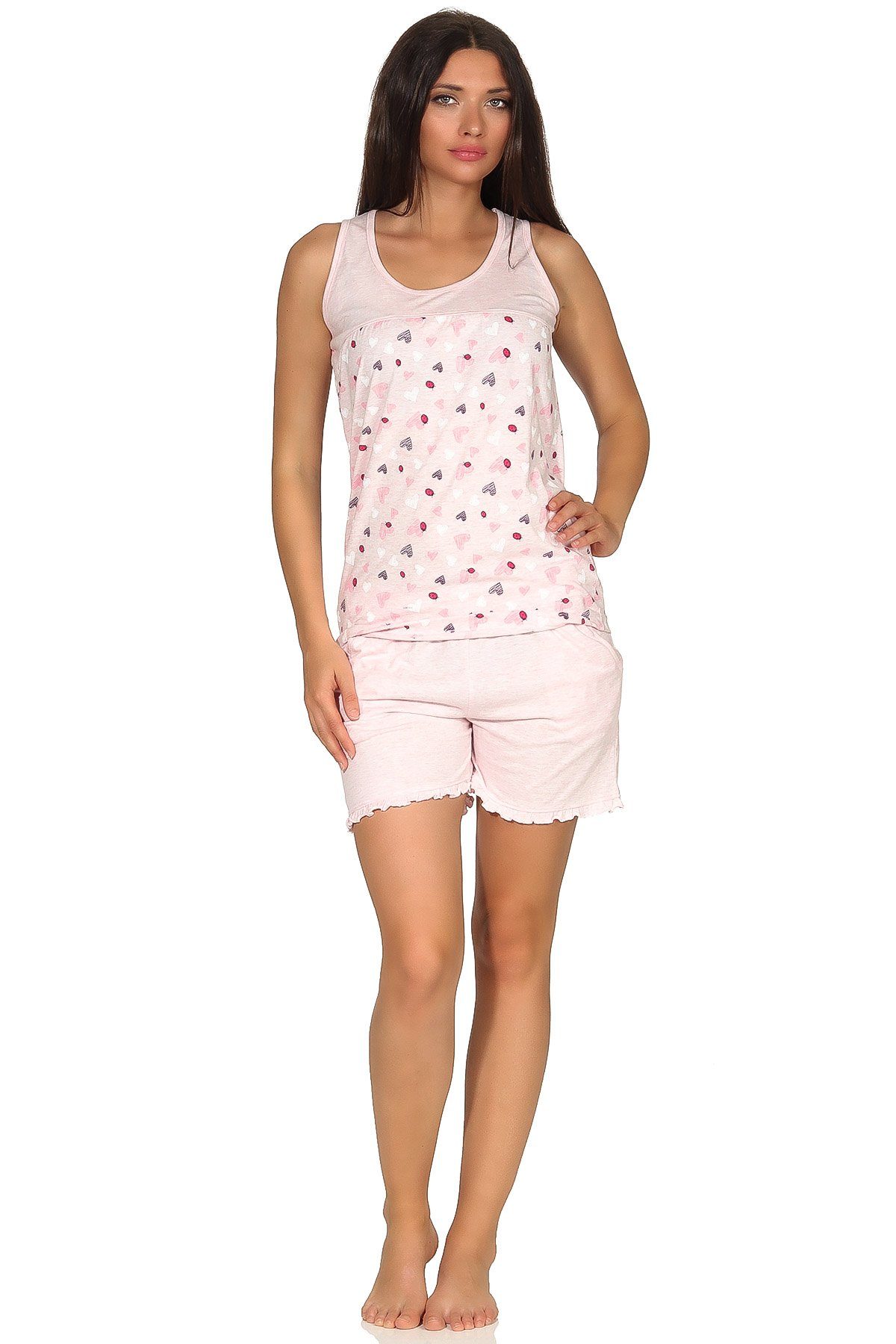 Normann Pyjama Damen Achselhemd Shorty Pyjama mit Herzmotiv in Melange-Optik rosa