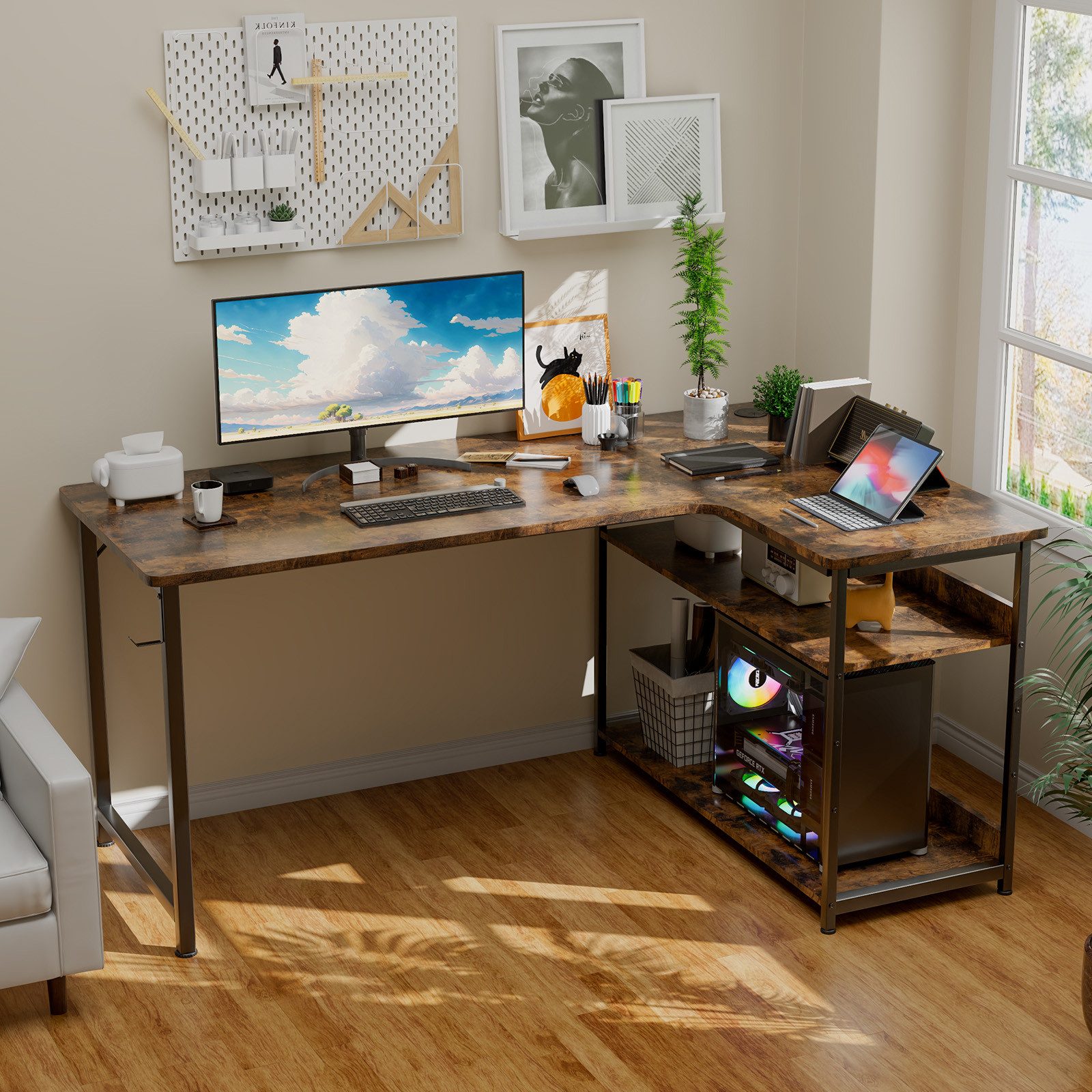 GTPLAYER Schreibtisch Gaming Tisch Eckschreibtisch mit Regal USB-Ladeanschluss und Steckdose (1 Tisch), 120/100cm Computertisch L Form, PC Tisch für Büro, Heimb – Bild 5 von 5