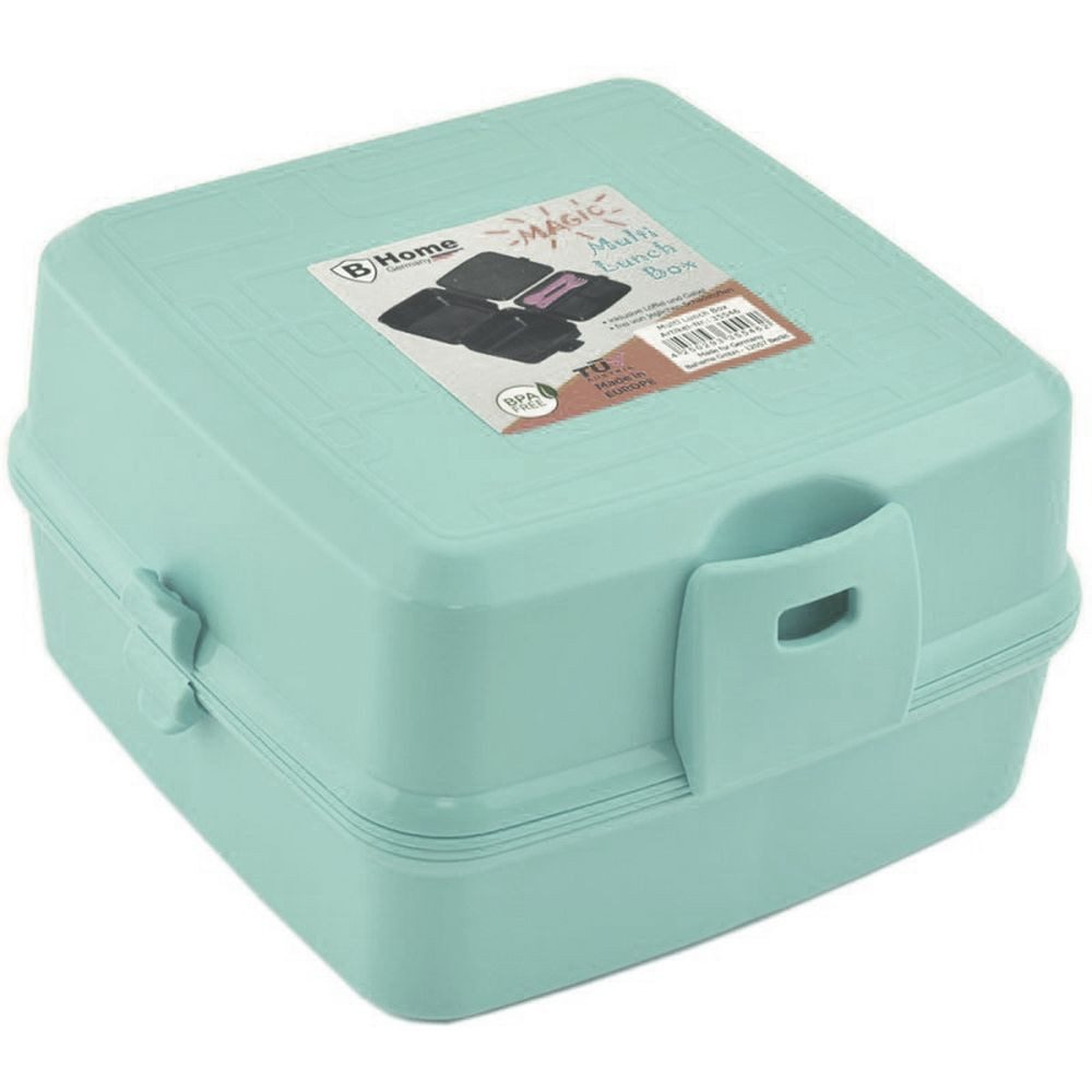 HAC24 Lunchbox Brot- und Lunchbox mit 4 Fächern Vesperdose Brotdose Vorratsbox, Kunststoff, 1400ml, Inkl. Gabel & Löffel