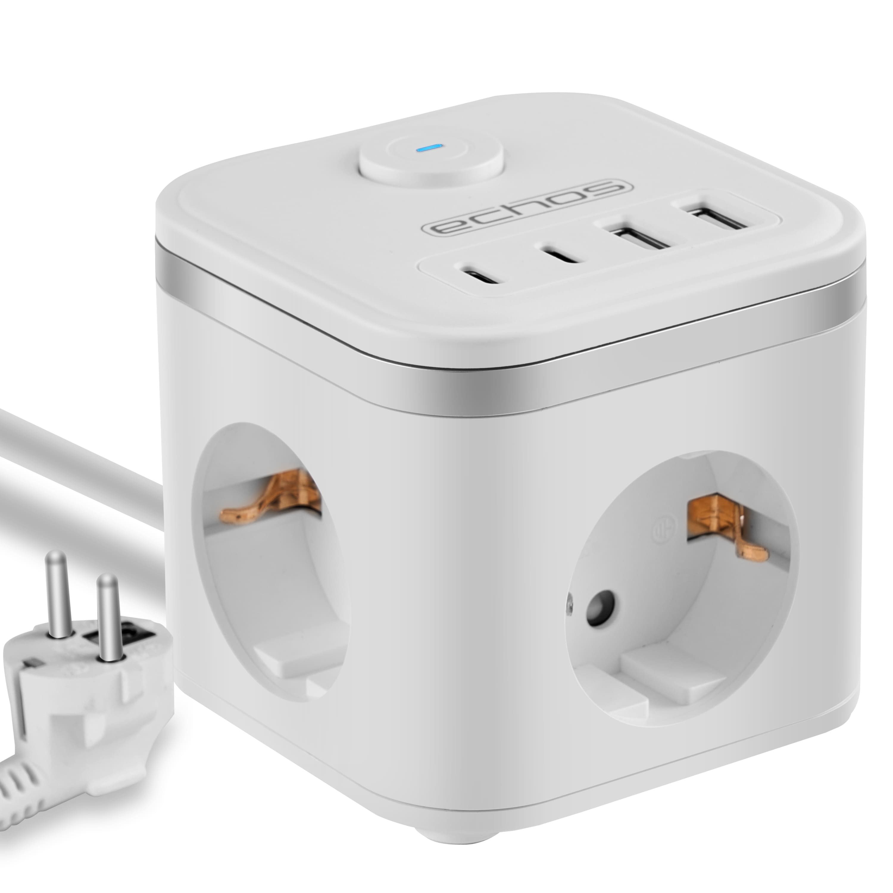 echos Eco-4134 Steckdosenleiste 3-fach (Ein- / Ausschalter, Kontrollleuchte, 2 x USB-A Anschlüsse, 2x 2 USB-C Anschlüsse, Kindersicherung, Überspannungsschutz, Überstromschutz, Feuerfestes Material, Kabellänge 2 m), 7-in-1 Steckdosenwürfel, 2 Meter Stromkabel, USB-A und USB Typ-C