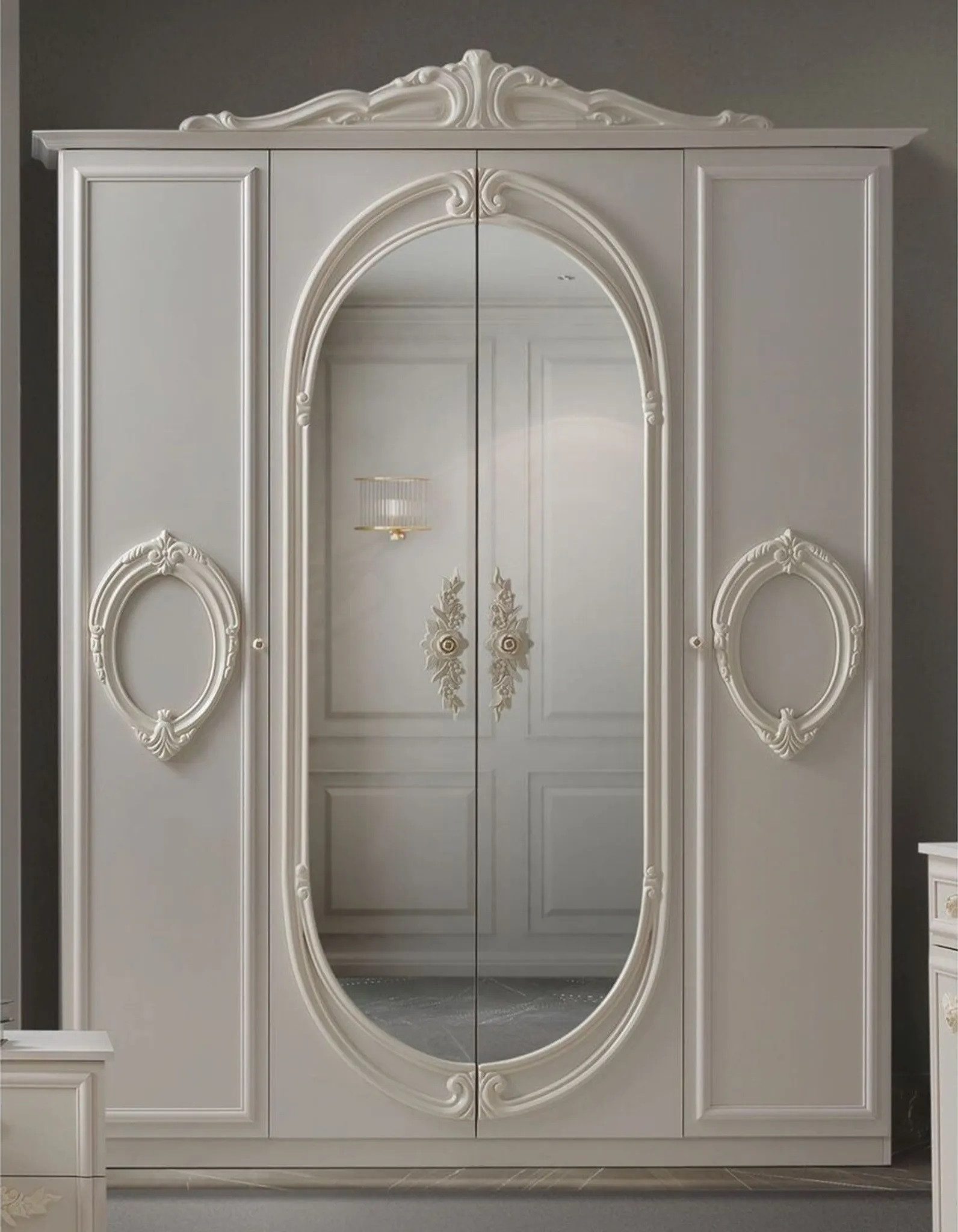 Interdesign24 Kleiderschrank Aurora (im klassischen Barock Stil, 4-türig) in Cremeweiß/Graubeige