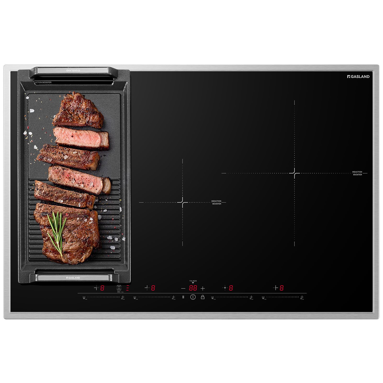 GASLAND Induktions-Kochfeld 4 Zonen Einbau Induktionskochfelder mit Edelstahlrahmen, FlexInduction für BBQ, PowerBoost schnelleres Kochen, 7000W (Ohne Bratpfanne)