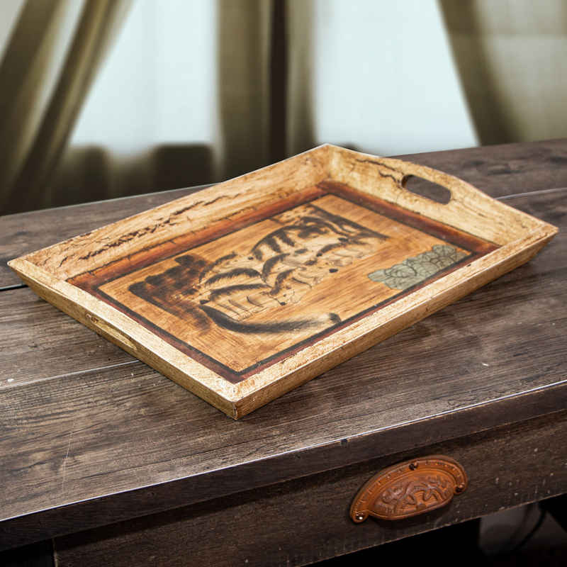 Antikas Dekofigur Tablett mit Wolfmotiv, klein, Serviertablett Landhausstil