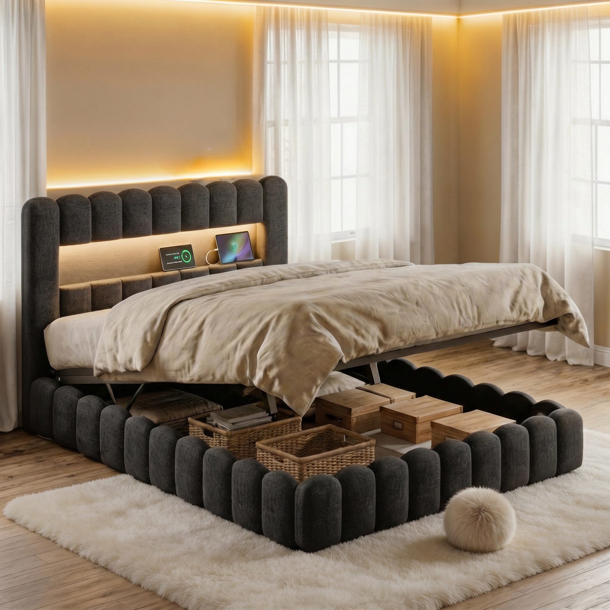 PXloue Polsterbett Doppelbett Jugendbett (ohne Matratze), Stauraumbett, Bettkasten, LED-Beleuchtung, USB-Anschluss, 180x200 cm