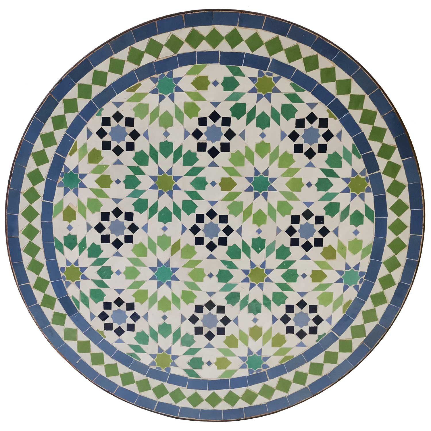 Casa Moro Gartentisch Mosaiktisch Ankabut Grün Blau Mosaik Beistelltisch Balkontisch Ø 60cm (rund mit Schmiedeeisen Gestell), Kunsthandwerk aus Marokko MT2217