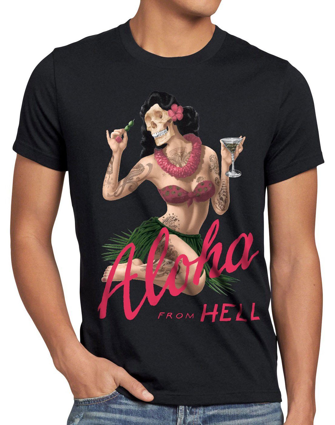 style3 Print-Shirt Herren T-Shirt Aloha from Hell tattoo hawaii surfer usa tätowiert punk rock tiki schwarz