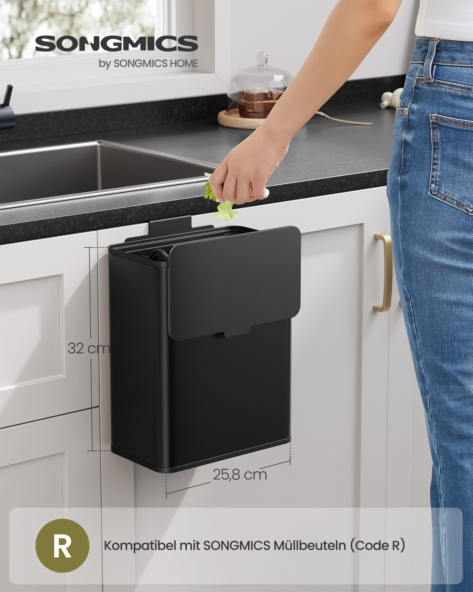 SONGMICS Mülleimer hängend, 8 L, Stahl-Abfalleimer, für Unterschrank Badezimmer, mit Deckel für Biomüll, Haken, an der Schranktür oder Wand, schwarz