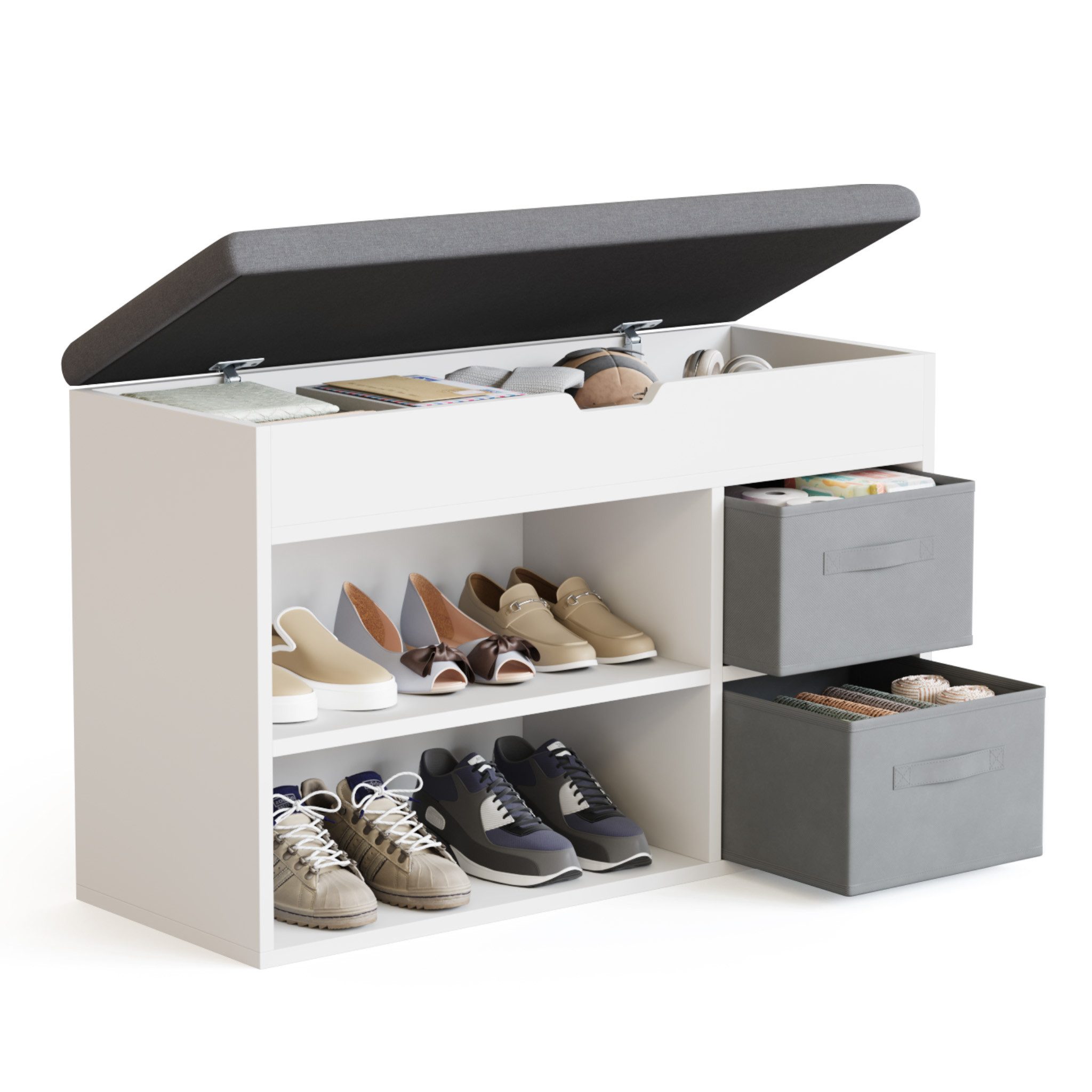 Mondeer Schuhbank Schuhhocker (80 x 48 x 30 cm), Holzschuhablage mit Stoffschublade und aufklappbarem Sitzfläche – Bild 3 von 5