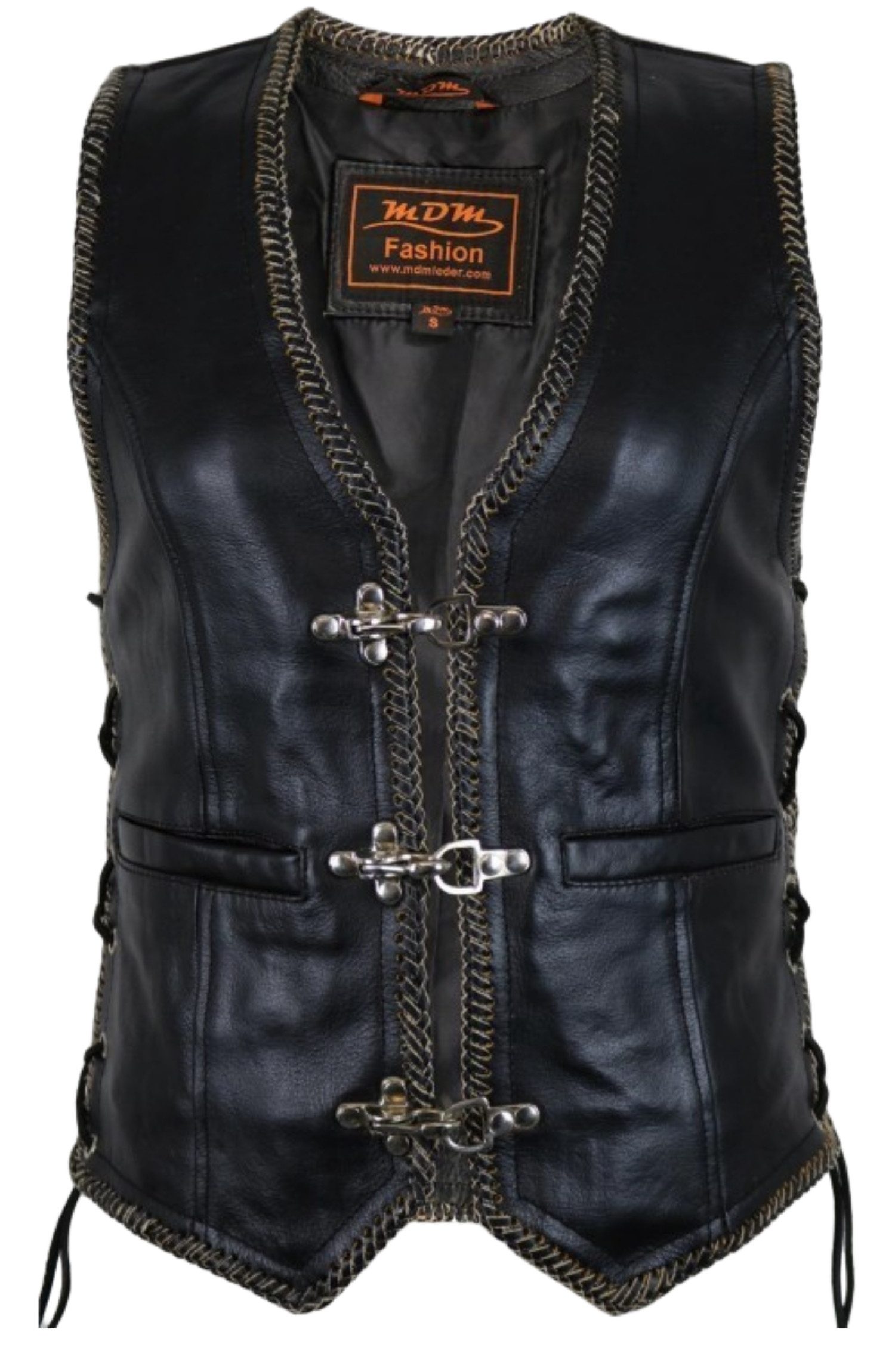 MDM Motorradweste Damen Lederkutte Schwarz mit Adler Prägung Bikerweste (Damen Slim Fit Biker Leder Kutte mit Motiv)