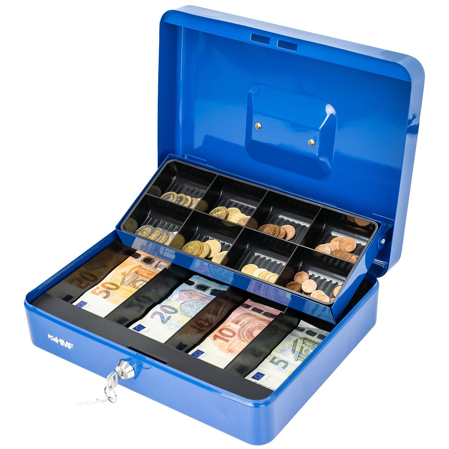 HMF Geldkassette Geldkassette abschließbar, Kasse mit 8 Münzfächern, und 4 Geldscheinmulden, 30 x 24 x 9 cm, blau