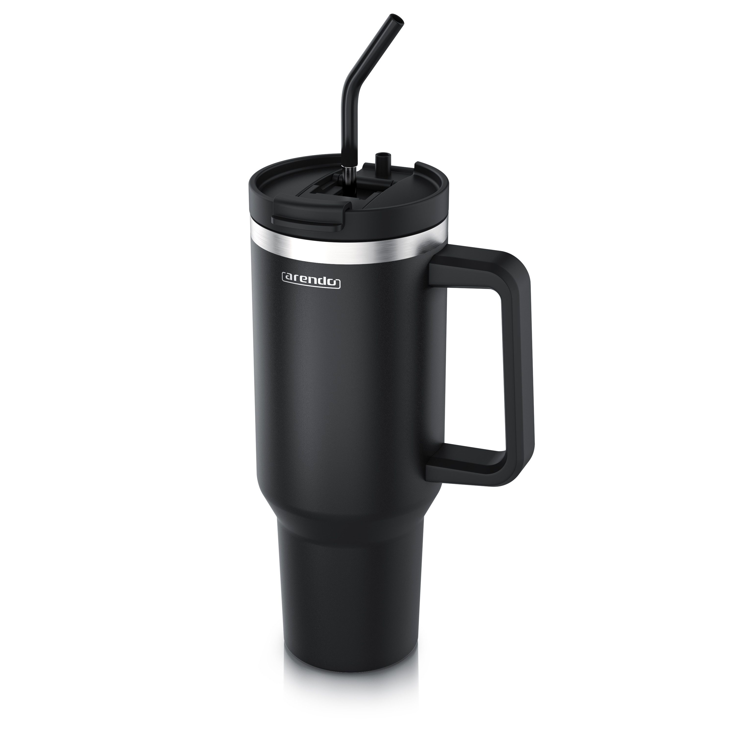 Arendo Thermobecher Thermal Mug 1200 ml, Tumbler, Becher mit Deckel, Henkel und Strohhalm, 4-tlg., Edelstahl, doppelwandig, Vakuumgehäuse aus Edelstahl, luftdichter Verschluss