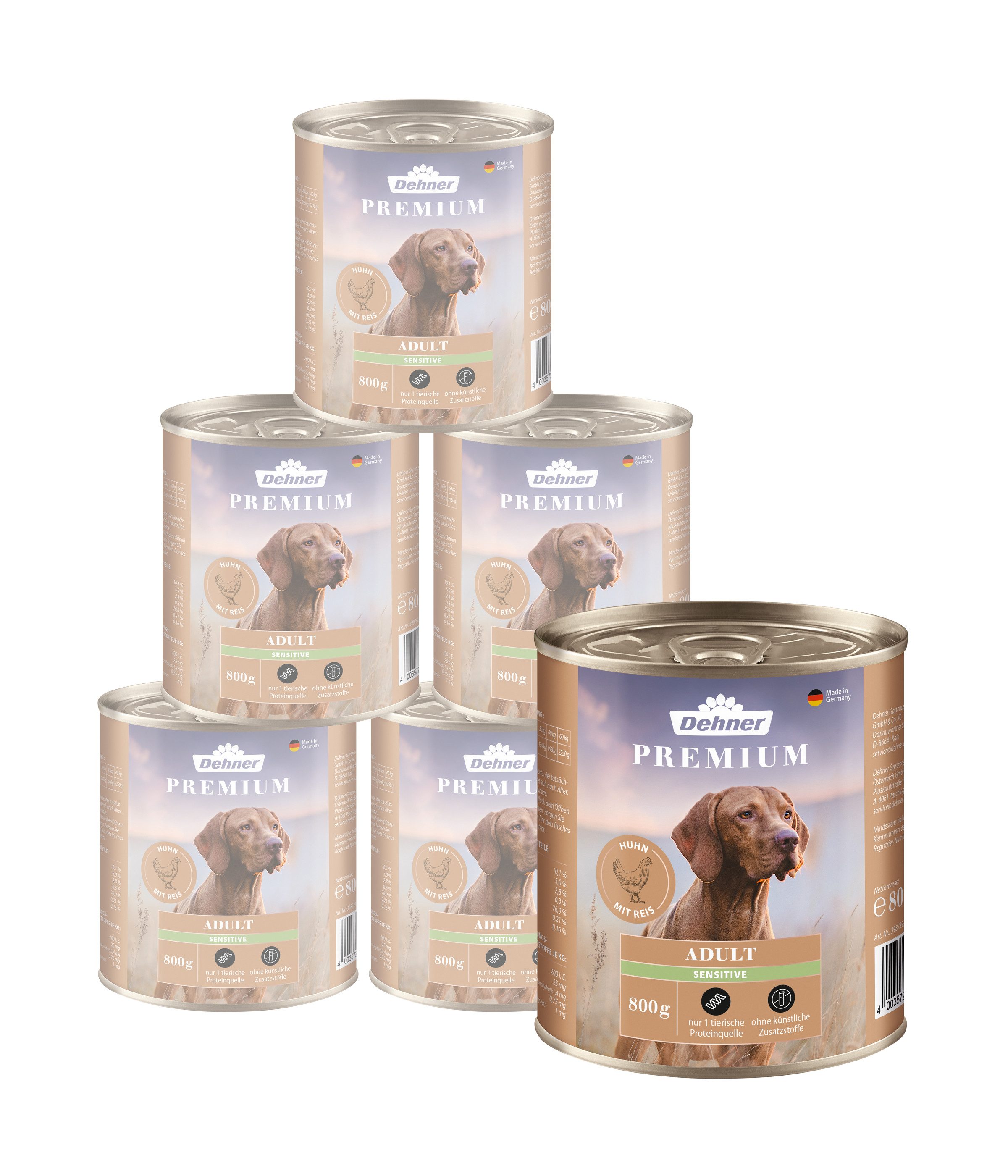 Dehner Premium Adult Sensitiv Huhn, 6 x 800 g Dose, getreidefrei Huhn, Nassfutter für: Hunde, Nassfutter für ausgewachsene, sensible Hunde