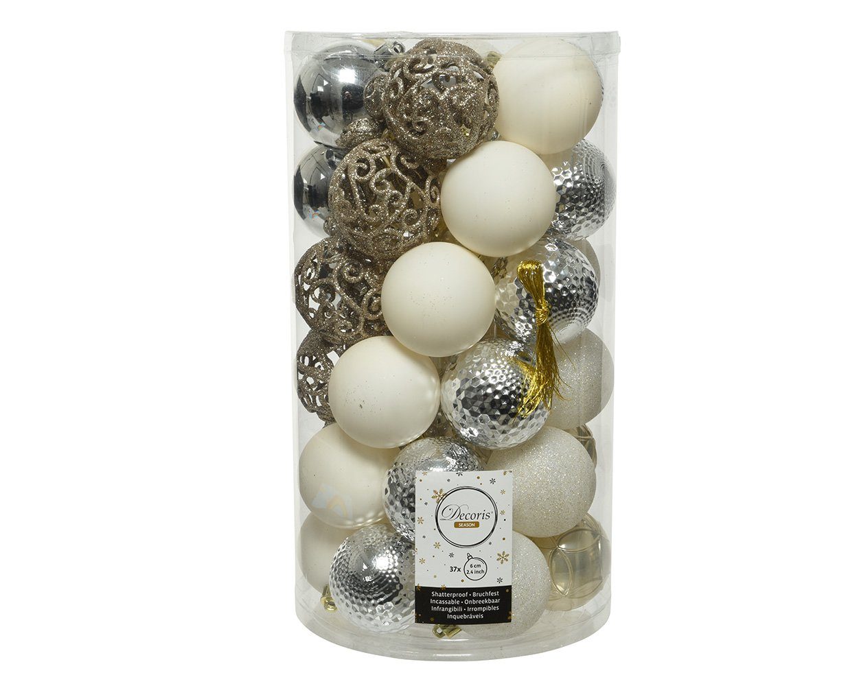Kaemingk Weihnachtsbaumkugel, Weihnachtskugeln Kunststoff Ornamente 6cm 37er Set - Creme / Silber