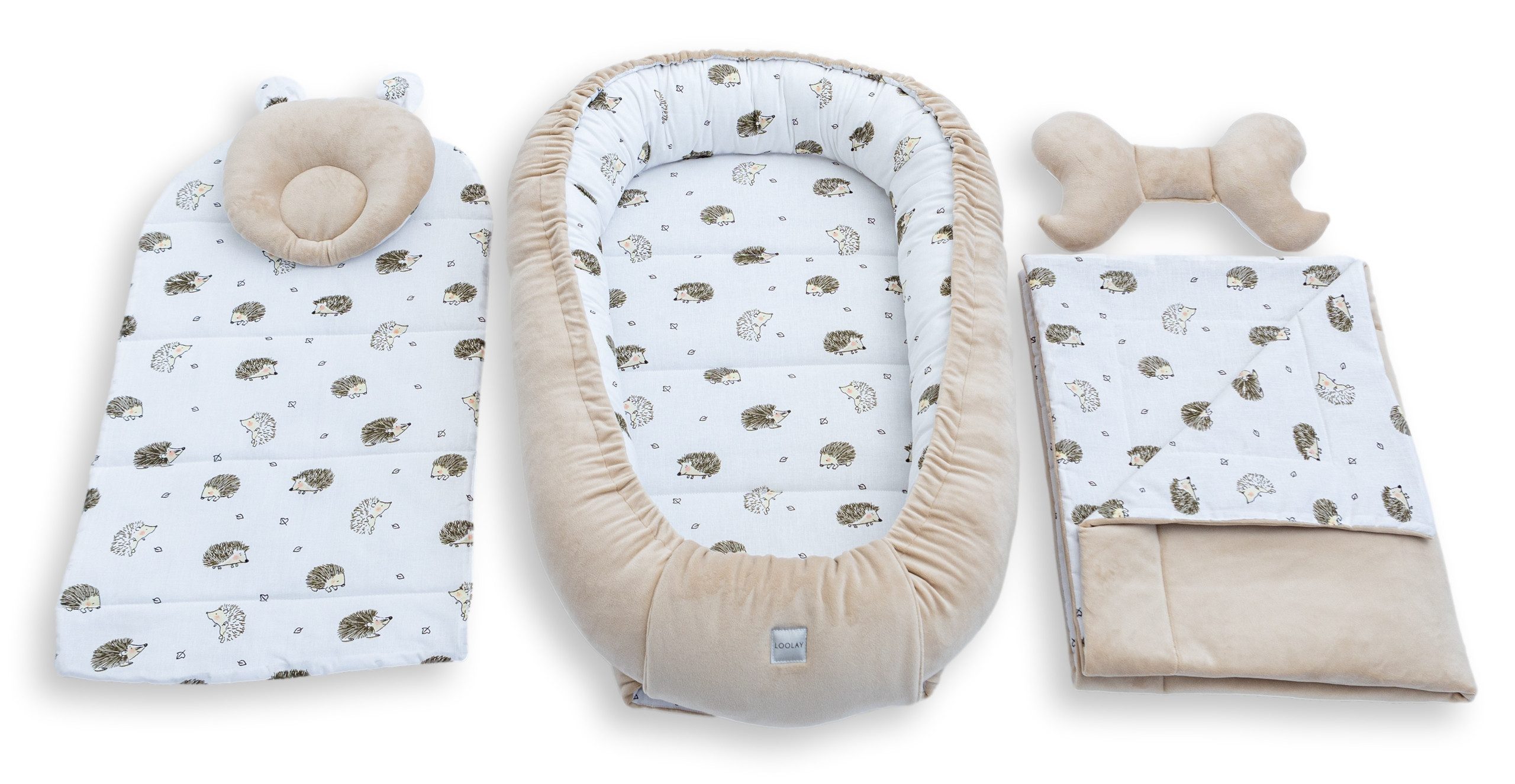 Loolay Kuschelnest BABYNEST 5 TLG. Set PREMIUM Babyausstattung Baumwolle & Samt Velours, (MUSTER: BEIGE Samt Velour/ Igel Braun, 5-tlg., Liebevoll handgefertigt – Bild 2 von 5