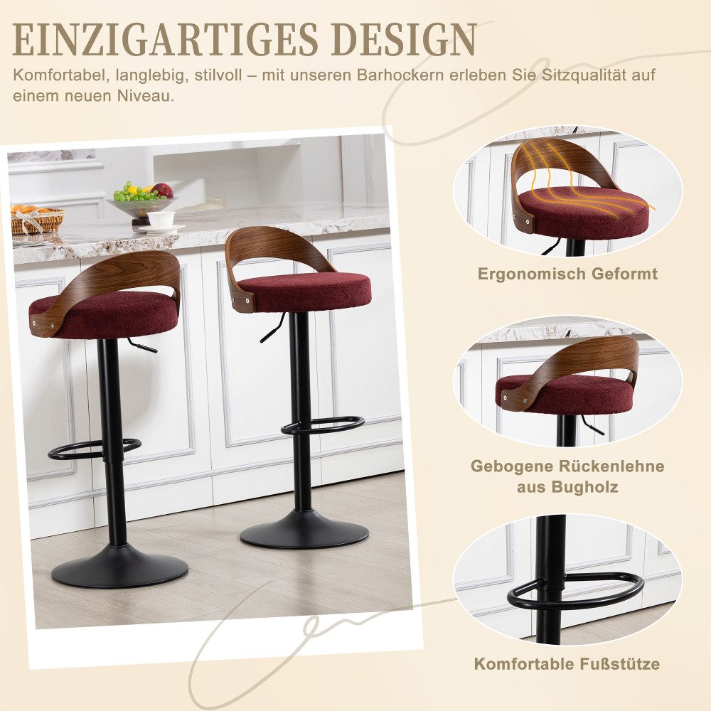 BBWL Barhocker 2er Set mit Rückenlehne Walnussoptik und PU Leder Sitz, Barhocker drehbar höhenverstellbar modern – Bild 4 von 5