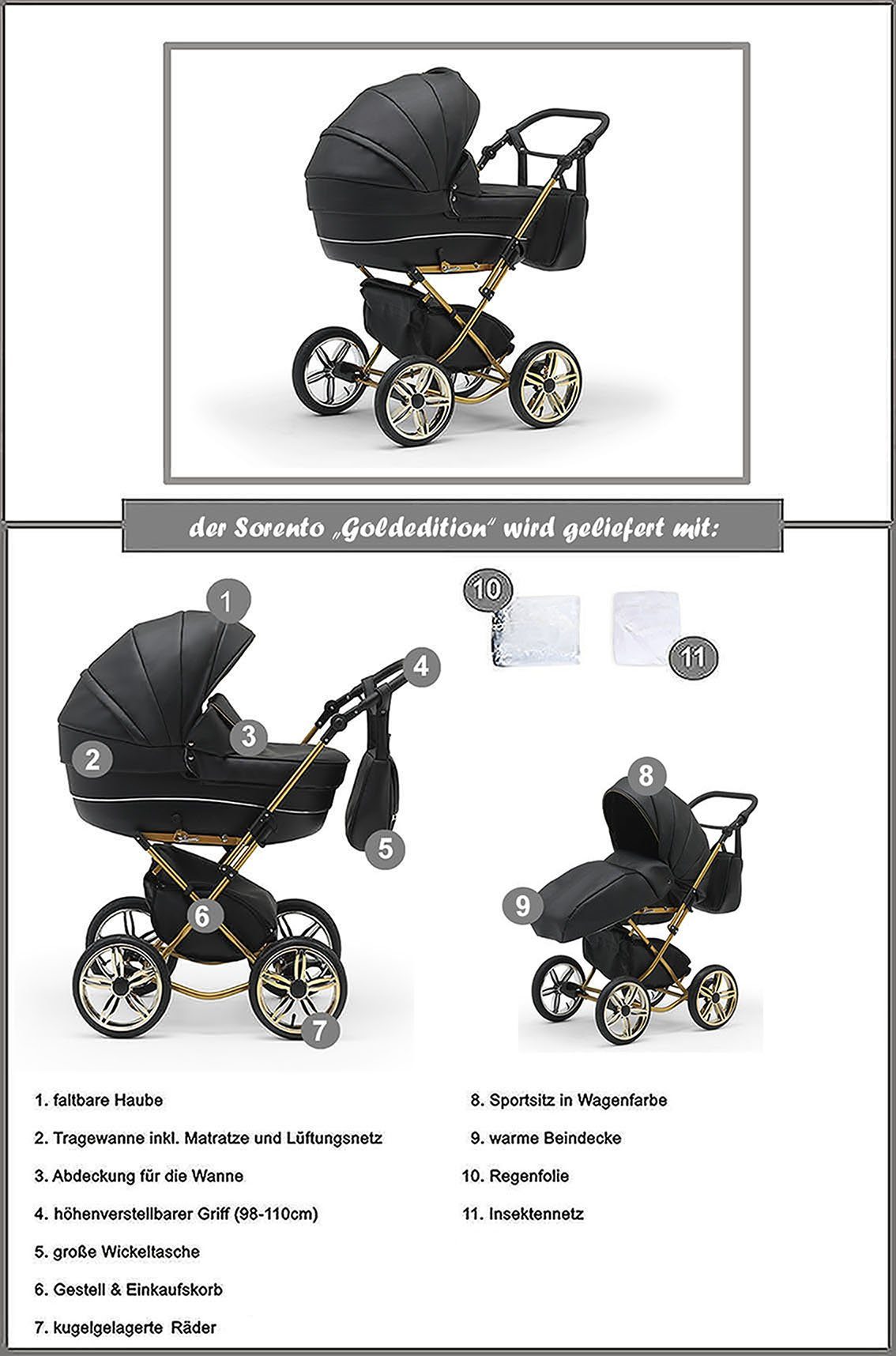 babies-on-wheels Kombi-Kinderwagen Sorento 2 1 Teile Hellgrau-Schwarz - - in Jahre bis 4 11 Designs 30 in von Geburt
