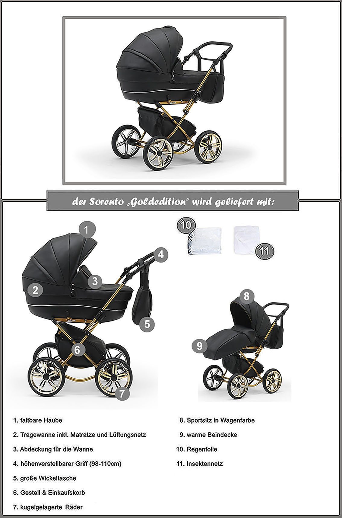 BabyMerc Kombi-Kinderwagen Sorento Gold 2 in 1 inkl. Sportsitz und Zubehör in 30 Farben