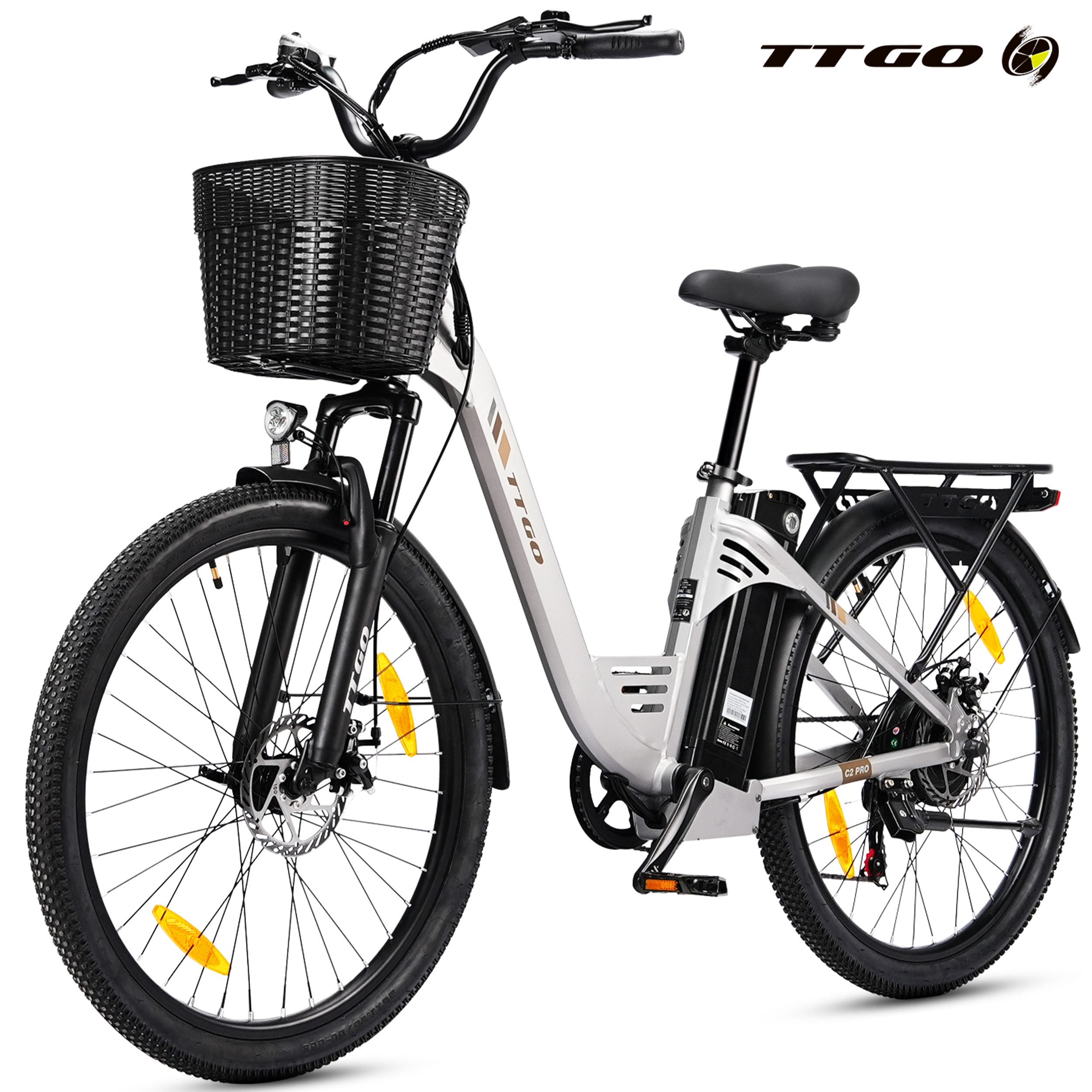 TTGO E-Bike Cityrad 26 Zoll, 650Wh, 120km, Federgabel, mit Frontkorb und Gepäckträger, 7 Gang SHIMANO, Kettenschaltung, Heckmotor, 650 Wh, (5 Stufen, Pedelec, bis zu 125kg, für ca. 160–185 cm), Farbdisplay, Aluminiumrahmen, Elektrofahrrad für Damen Herren