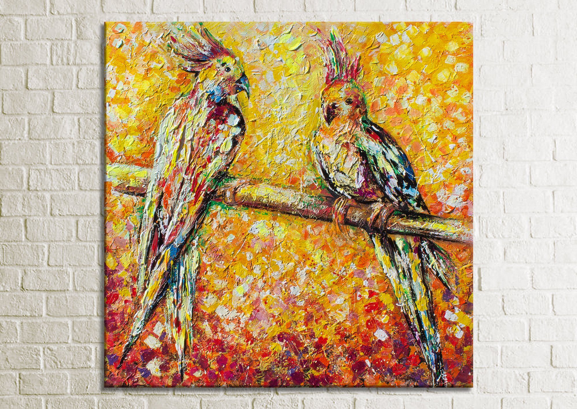 YS-Art Gemälde Papagei in der Sonne, Tierbilder, Handgemalt Orange Ohne Papagei Bild Schattenfugenrahmen Leinwand Rot Bunt