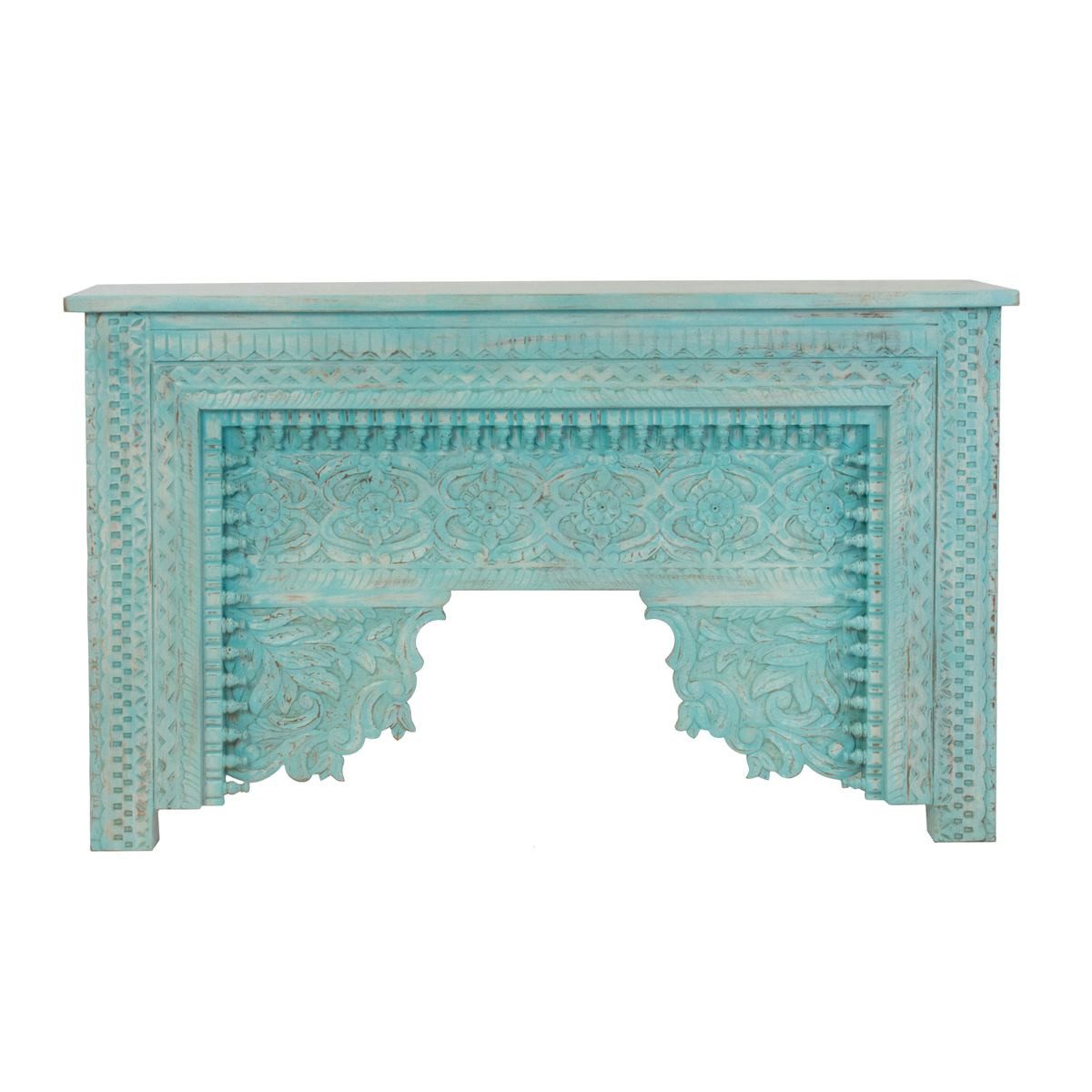 Oriental Galerie Unterschrank Türkis Konsolentisch Kiron Sideboard Indien 150cm Indischer Konsolentisch, handgeschnitzt, türkis, orientalisch, Boho