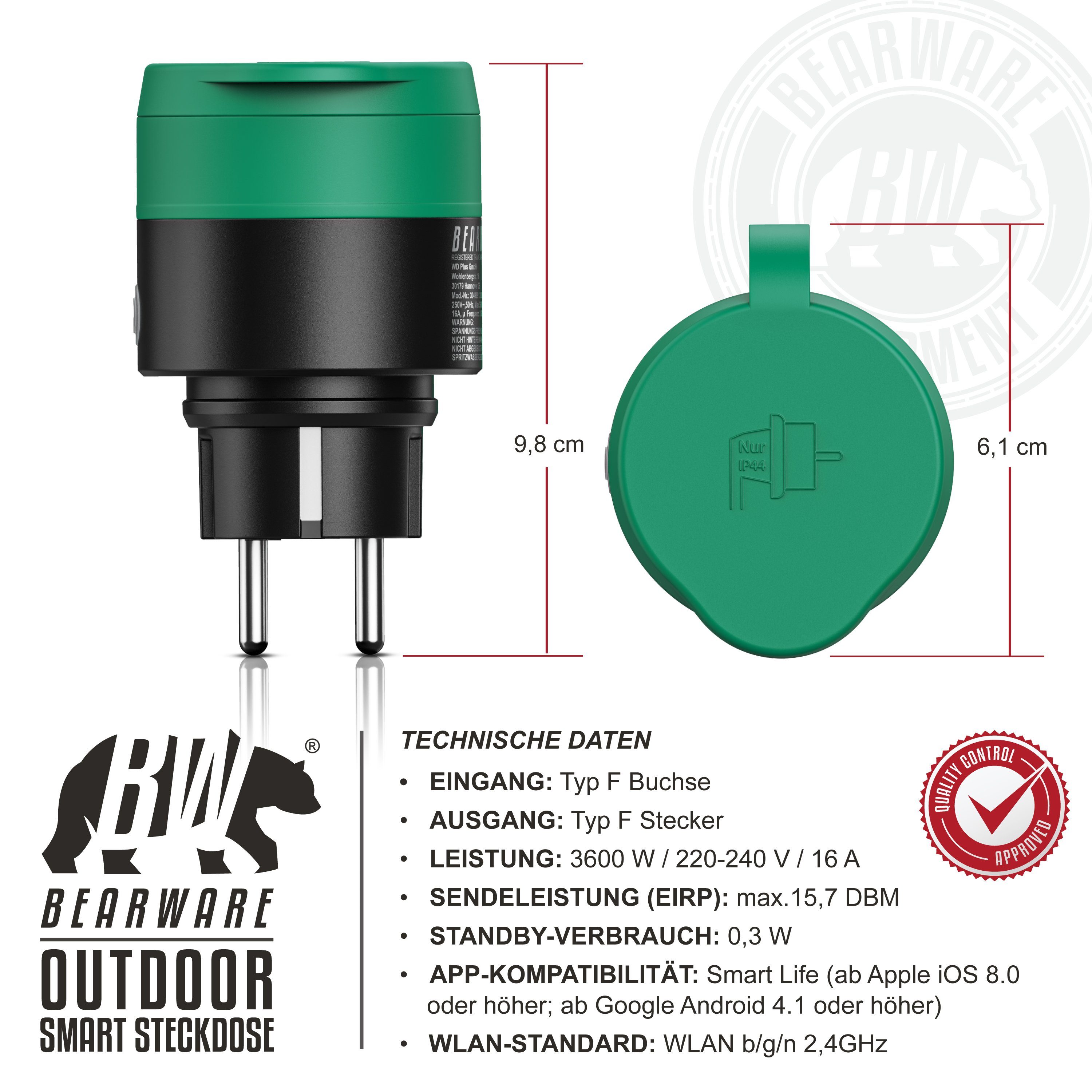WLAN-Steckdose, BEARWARE & Outdoor, IP44 Sprachsteuerung Ghz via Google Home, WiFi, 2,4 Alexa
