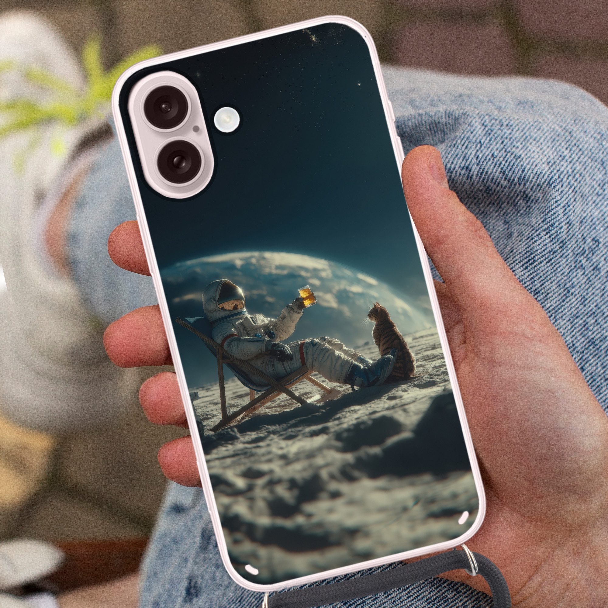 MuchoWow Handyhülle für Apple iPhone 16 Astronaut - Katze - Glas - Stuhl, Tragbare Handyhüllen mit Kette zum umhängen, Handykette Handyband