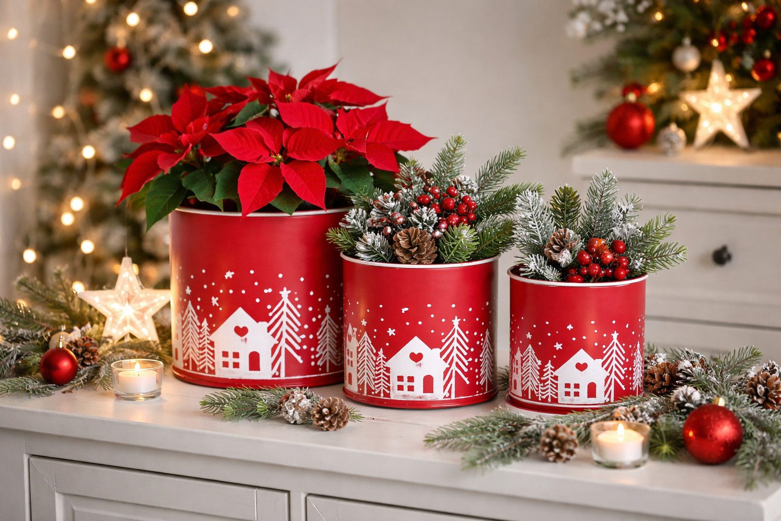 finehomegarden Blumentopf Metall Set/3 Winterlandschaft Übertopf Ø12+15+17cm H12+15+17cm (Set, 3 St., 3er Set), rot-weiß BlumentopfDekoratives Pflanzen Festliche Deko