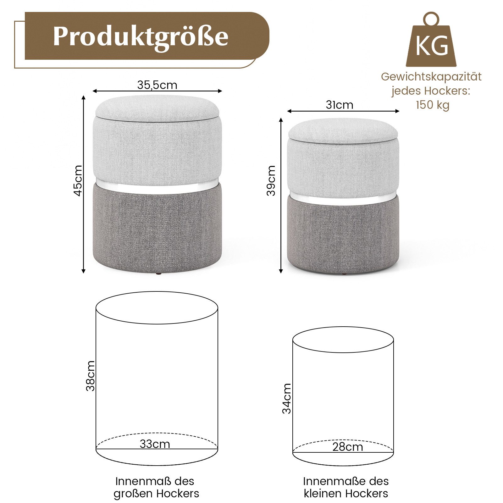 COSTWAY Sitzhocker mit Stauraum rund stapelbar (2er Set), Fußhocker gepolstert – Bild 5 von 5